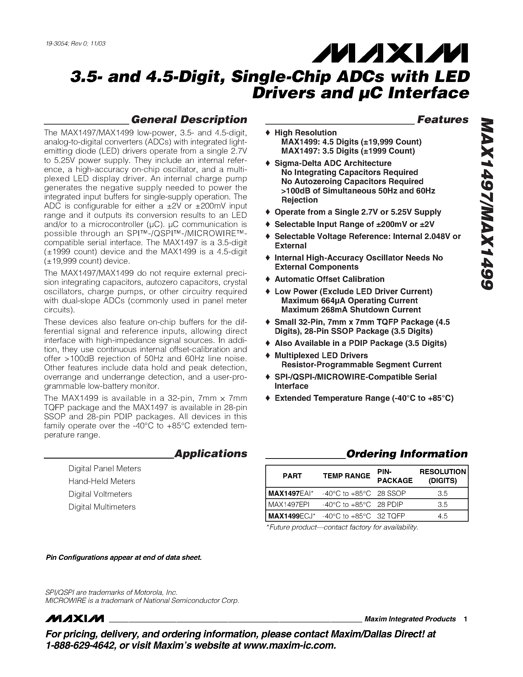 Datasheet MAX1497 page 1 Datasheet MAX1497 - 3.5- and 4.5-Digit / Single-Chip ADCs with LED Drivers and C Interface page 1