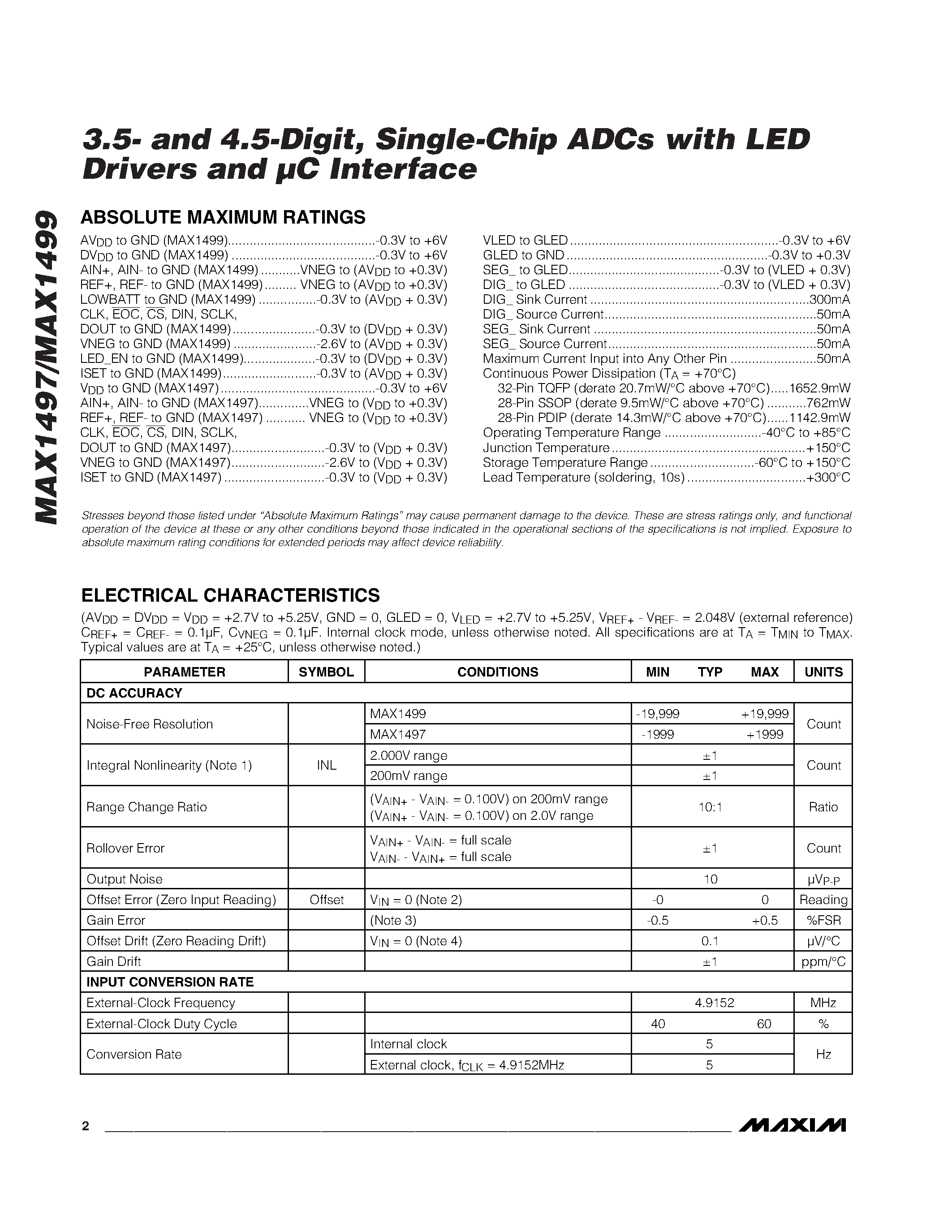 Datasheet MAX1497 page 2 Datasheet MAX1497 - 3.5- and 4.5-Digit / Single-Chip ADCs with LED Drivers and C Interface page 2