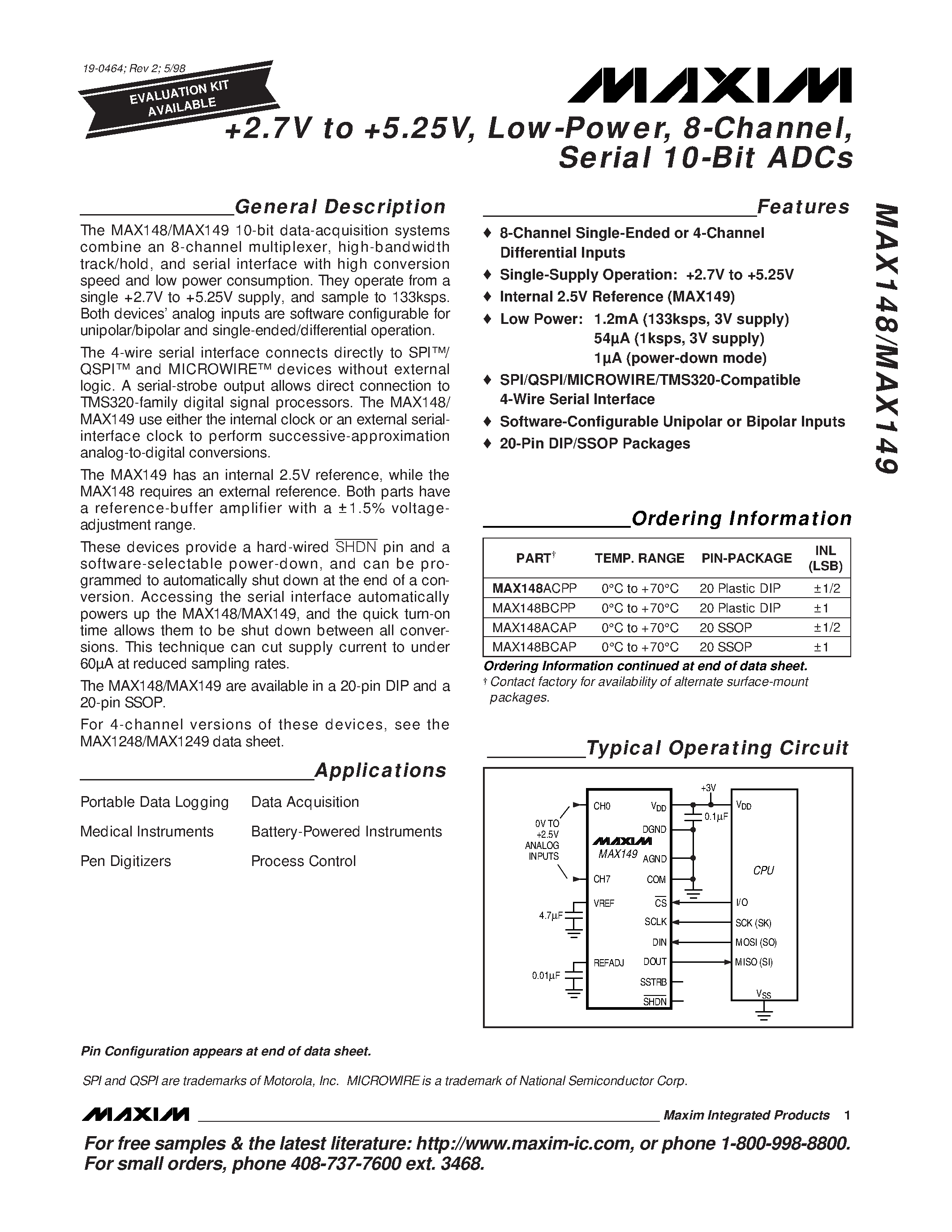 Datasheet MAX149ACPP - +2.7V to +5.25V / Low-Power / 8-Channel / Serial 10-Bit ADCs page 1