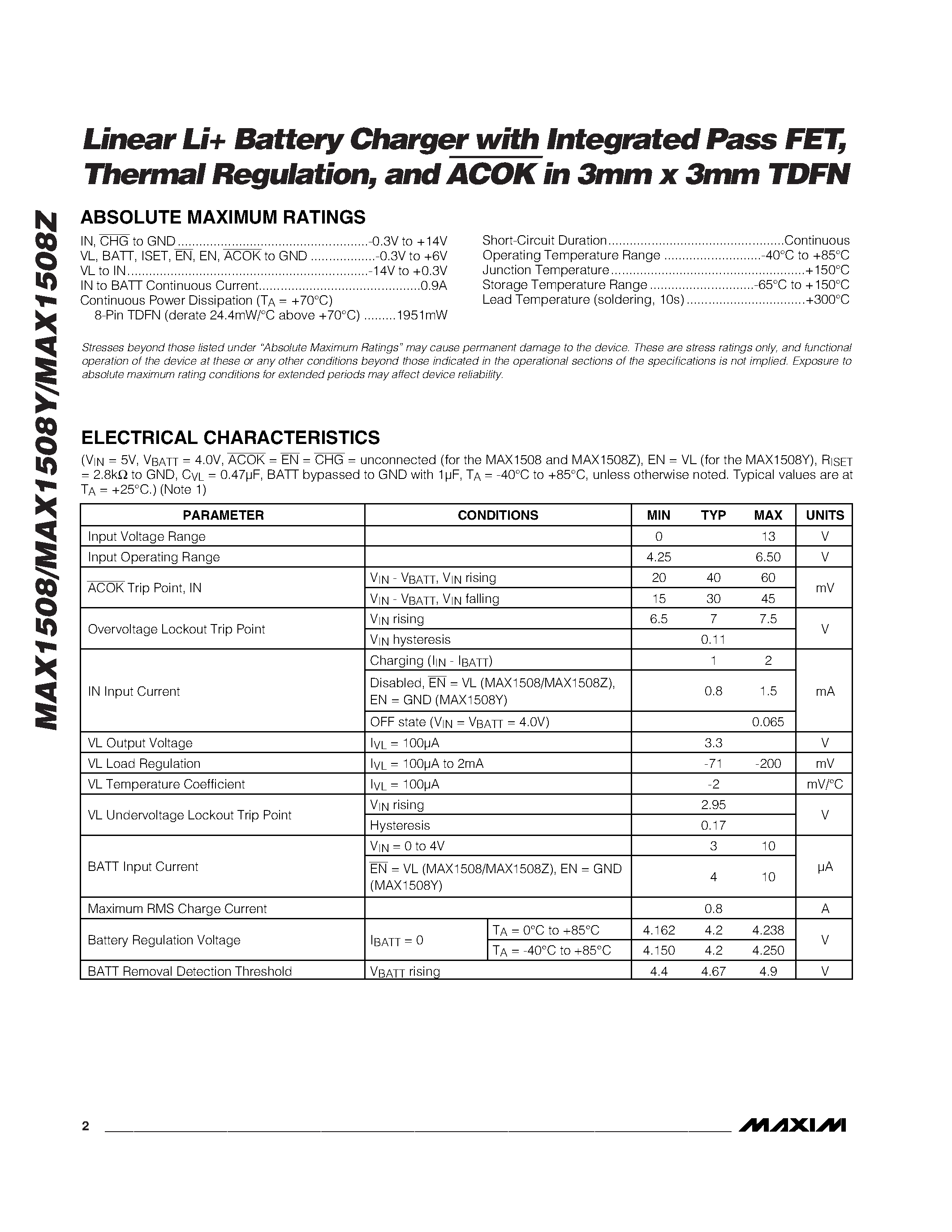 Datasheet MAX1508YETA - Linear Li Battery Charger with Integrated Pass FET / Thermal Regulation / and ACOKin 3mm x 3mm TDFN page 2