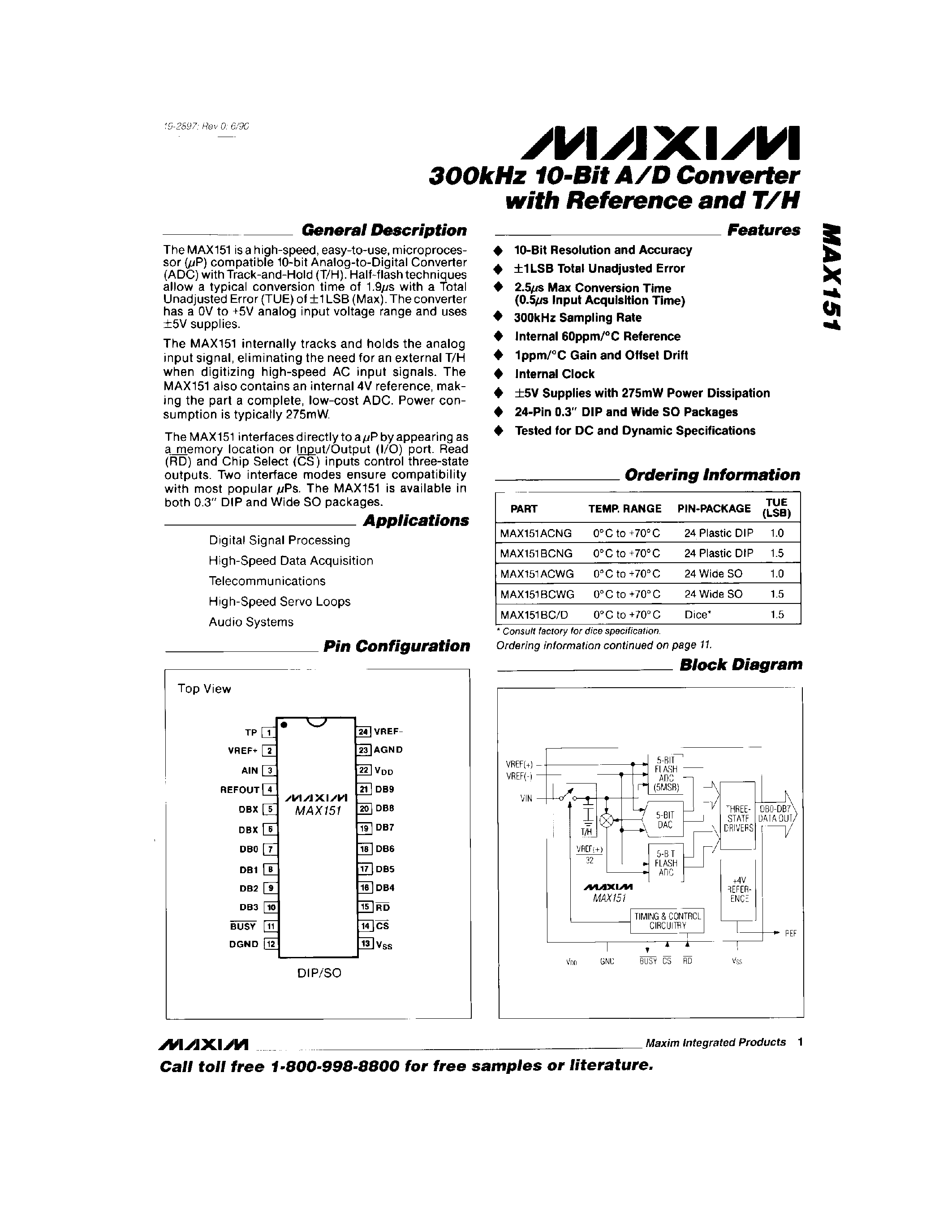 Datasheet MAX151 page 1 Datasheet MAX151 - 300kHz 10-Bit A/D Converter with Refrence and T/H page 1