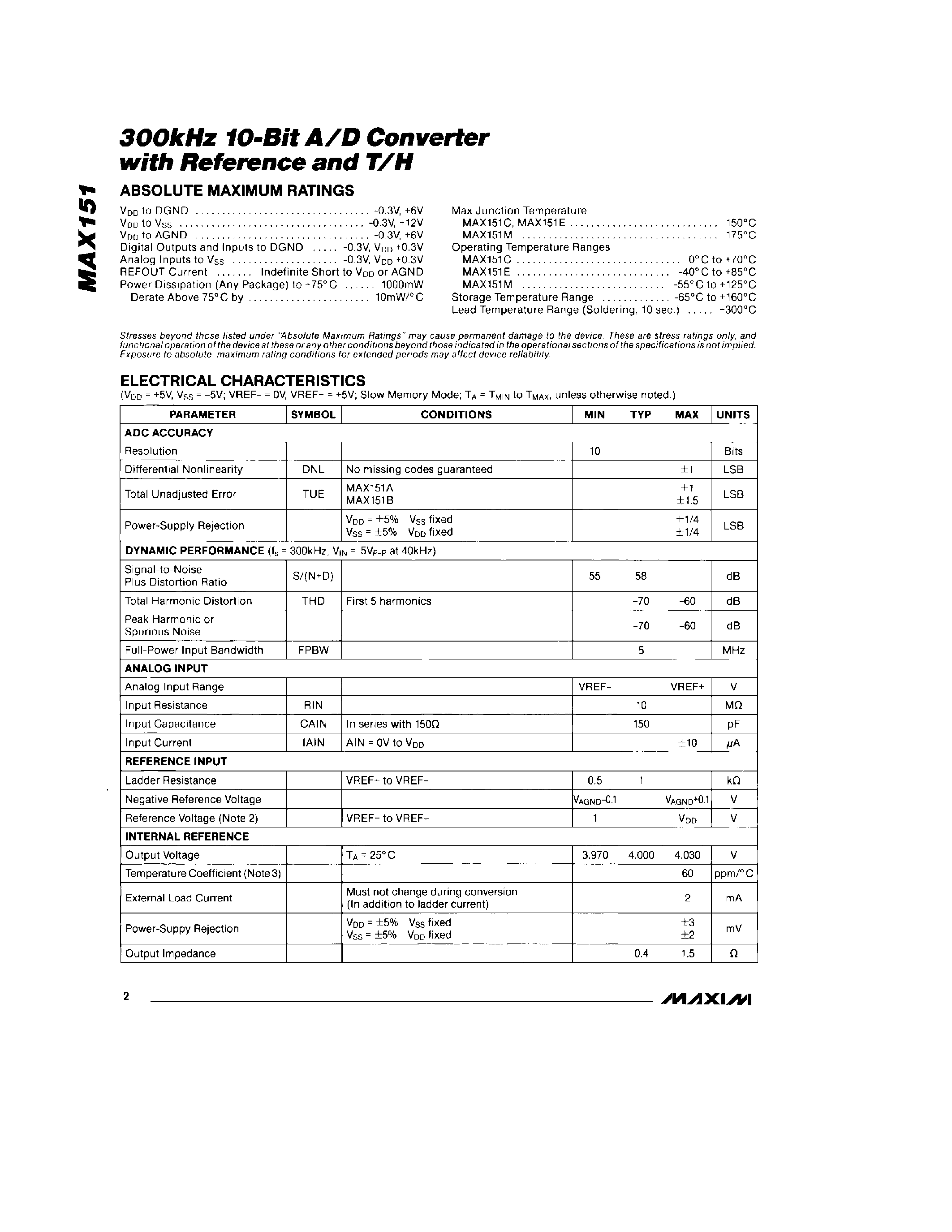Datasheet MAX151 page 2 Datasheet MAX151 - 300kHz 10-Bit A/D Converter with Refrence and T/H page 2