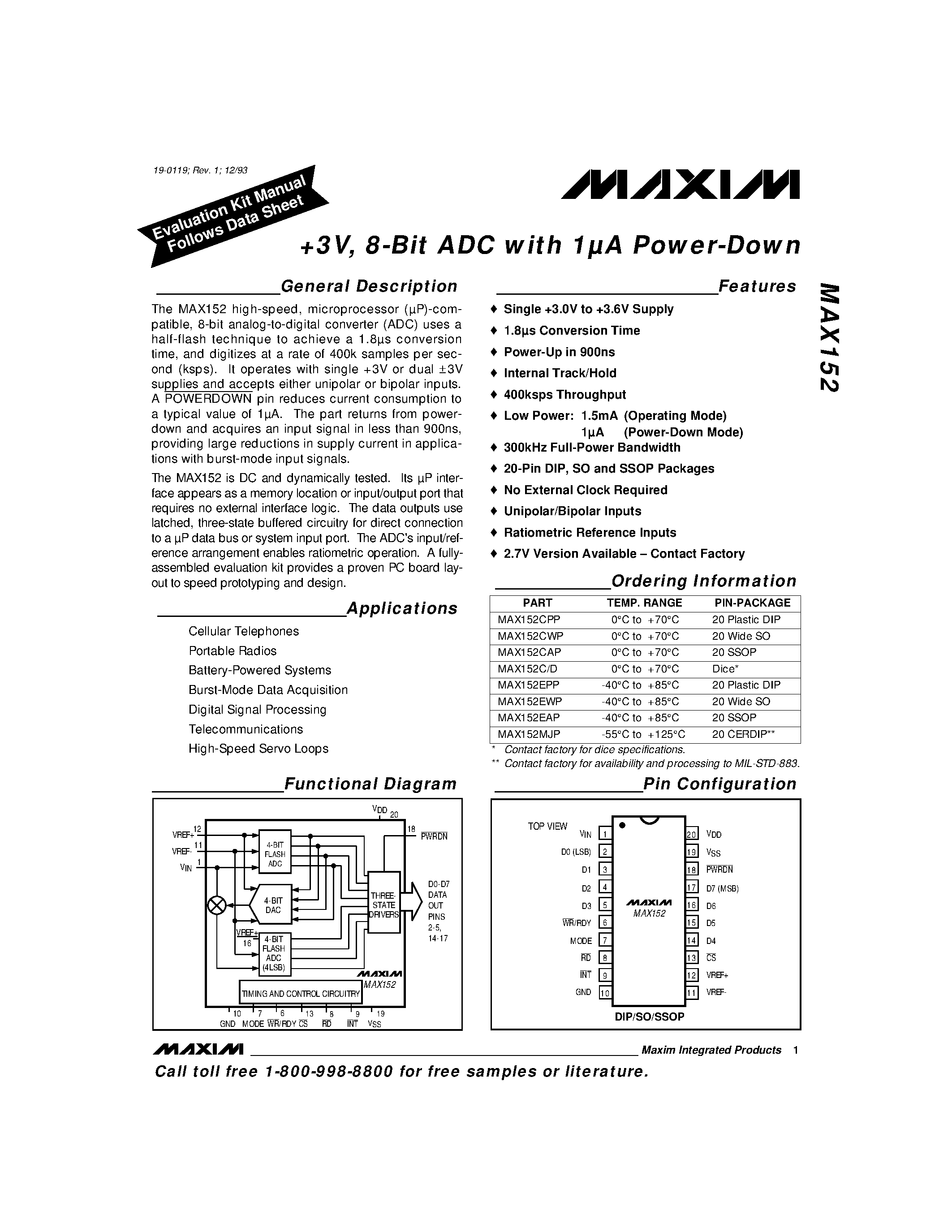 Datasheet MAX152 - +3V / 8-Bit ADC with 1A Power-Down page 1