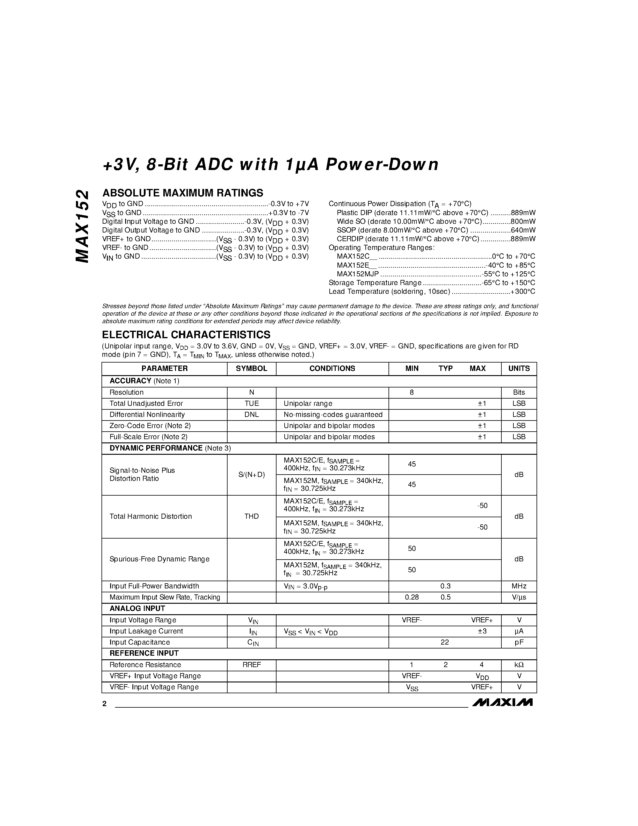 Datasheet MAX152 - +3V / 8-Bit ADC with 1A Power-Down page 2