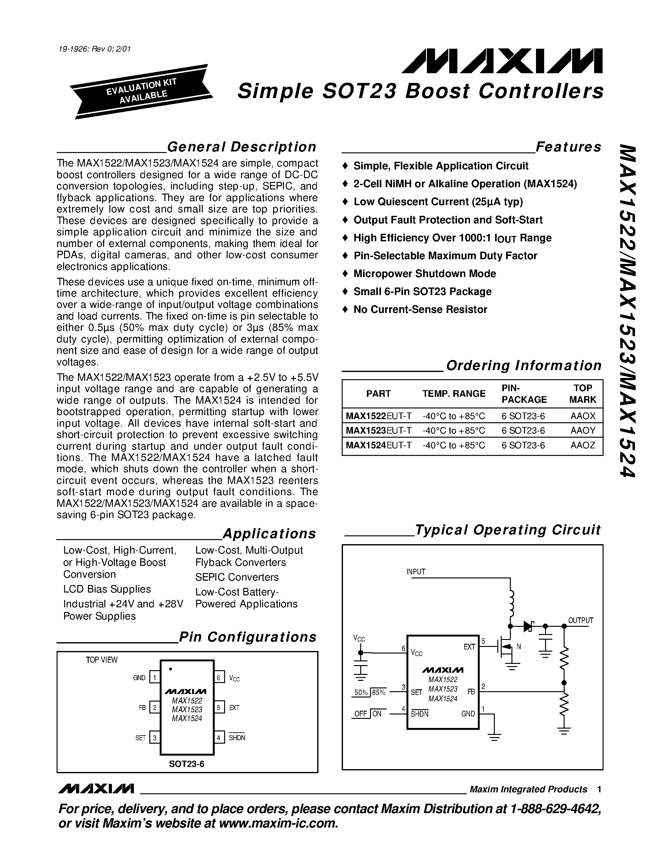 Datasheet MAX1524EUT-T page 1 Datasheet MAX1524EUT-T - Simple SOT23 Boost Controllers page 1