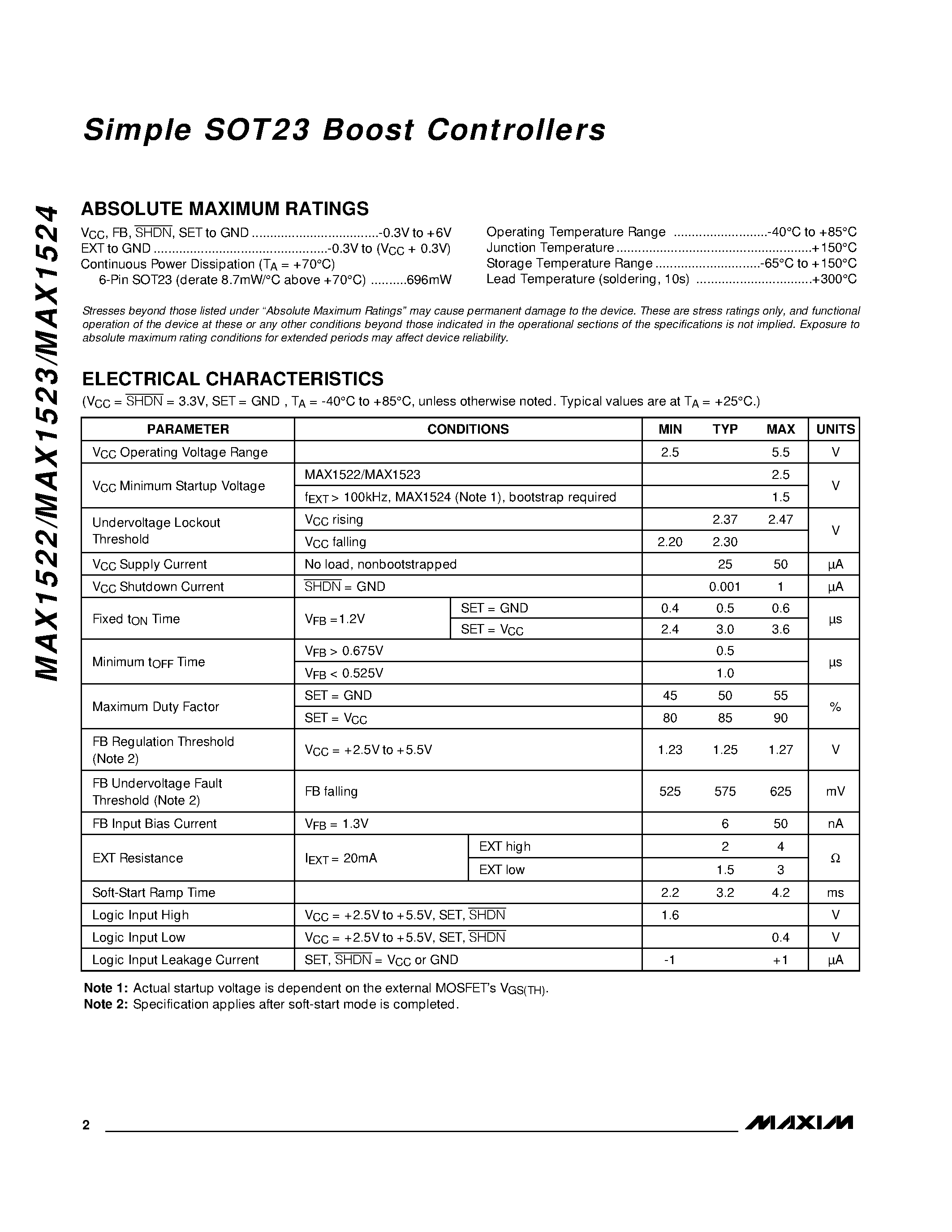 Datasheet MAX1524EUT-T page 2 Datasheet MAX1524EUT-T - Simple SOT23 Boost Controllers page 2