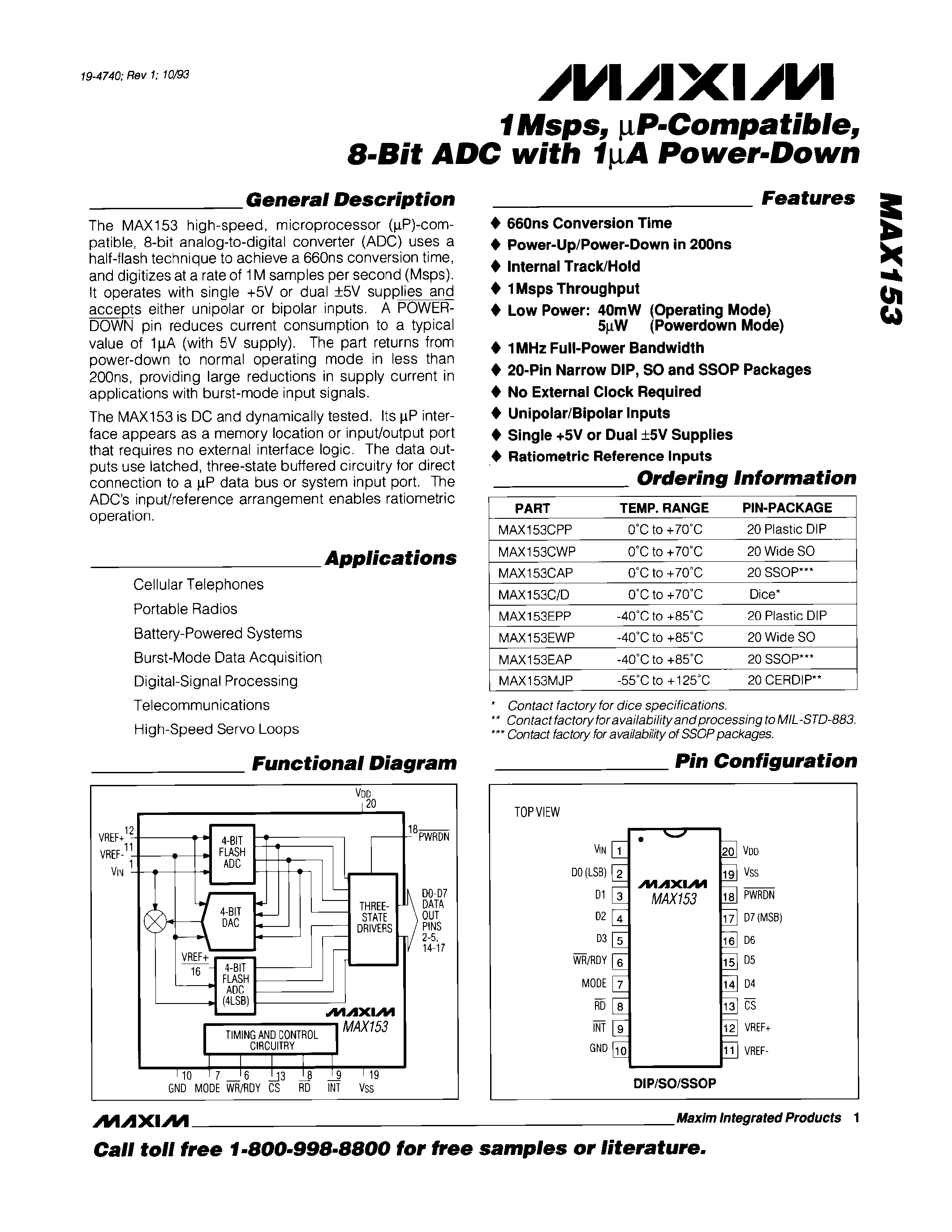Datasheet MAX153 - 1Msps / P-Compatible / 8-Bit ADC with 1A Power-Down page 1