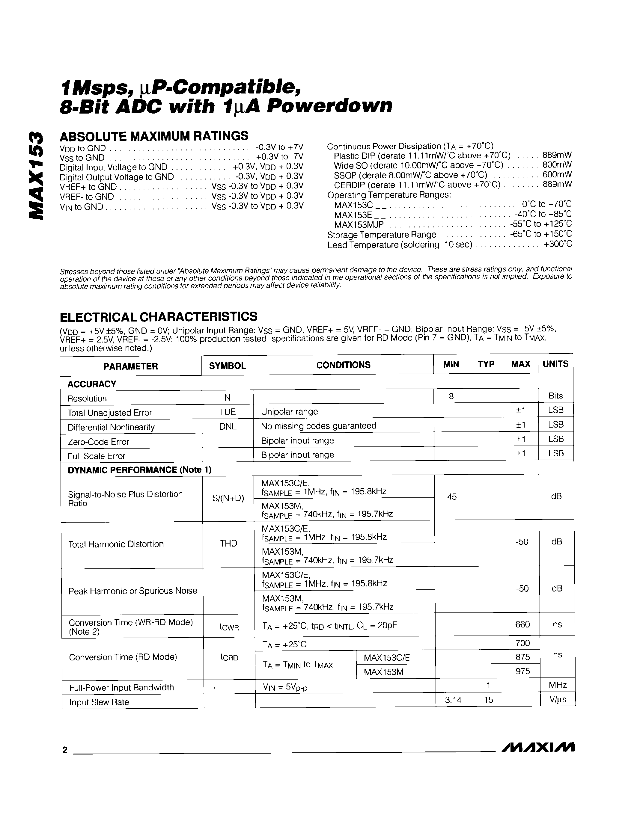Datasheet MAX153 - 1Msps / P-Compatible / 8-Bit ADC with 1A Power-Down page 2