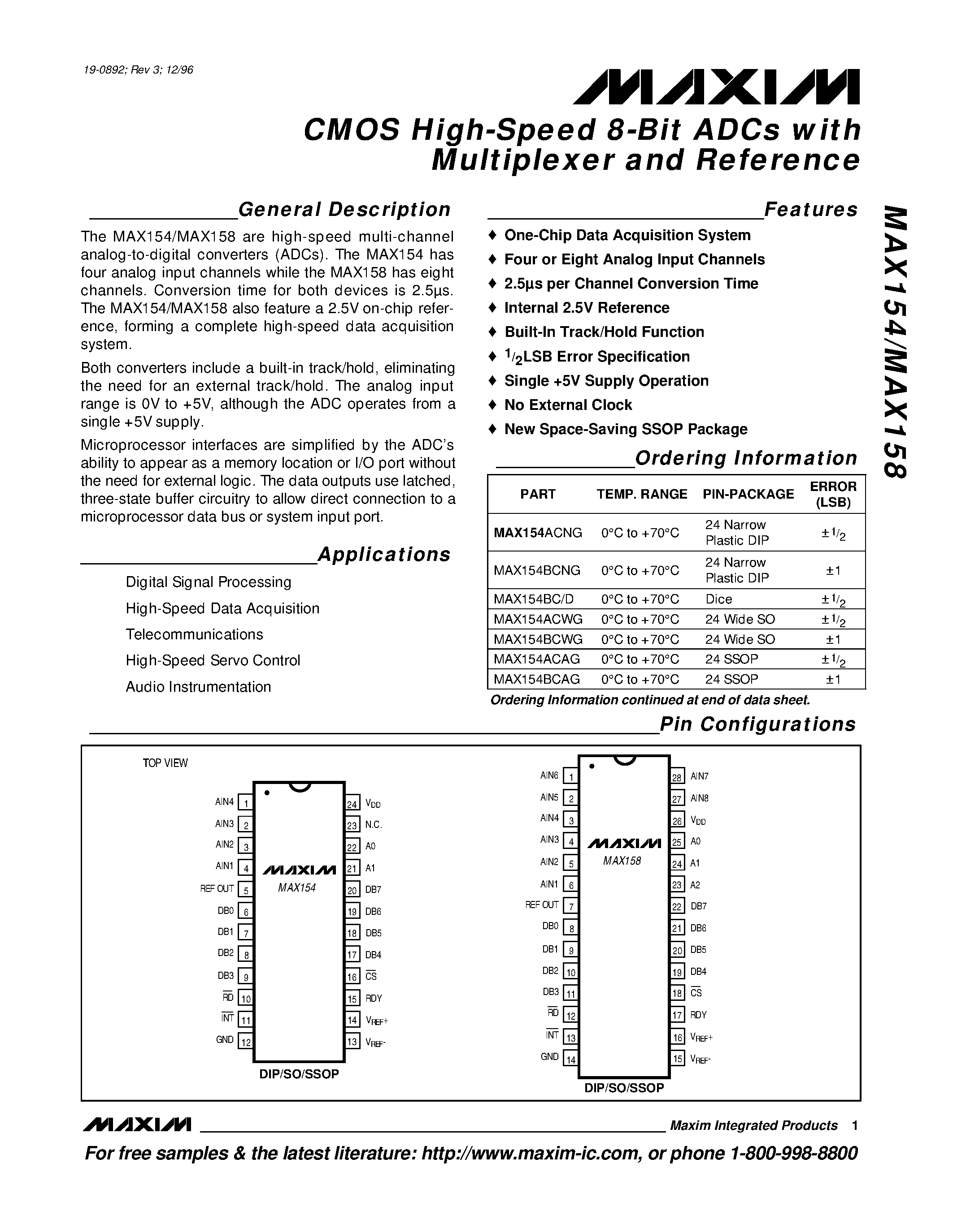Даташит на микросхему MAX154 страница 1 Даташит MAX154 - CMOS High-Speed 8-Bit ADCs with Multiplexer and Reference страница 1