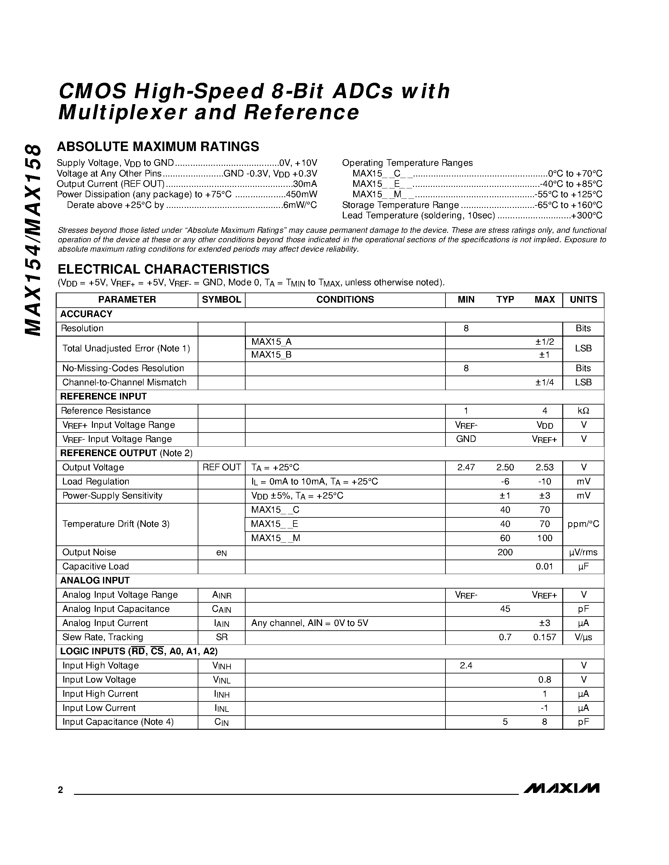 Даташит на микросхему MAX154 страница 2 Даташит MAX154 - CMOS High-Speed 8-Bit ADCs with Multiplexer and Reference страница 2