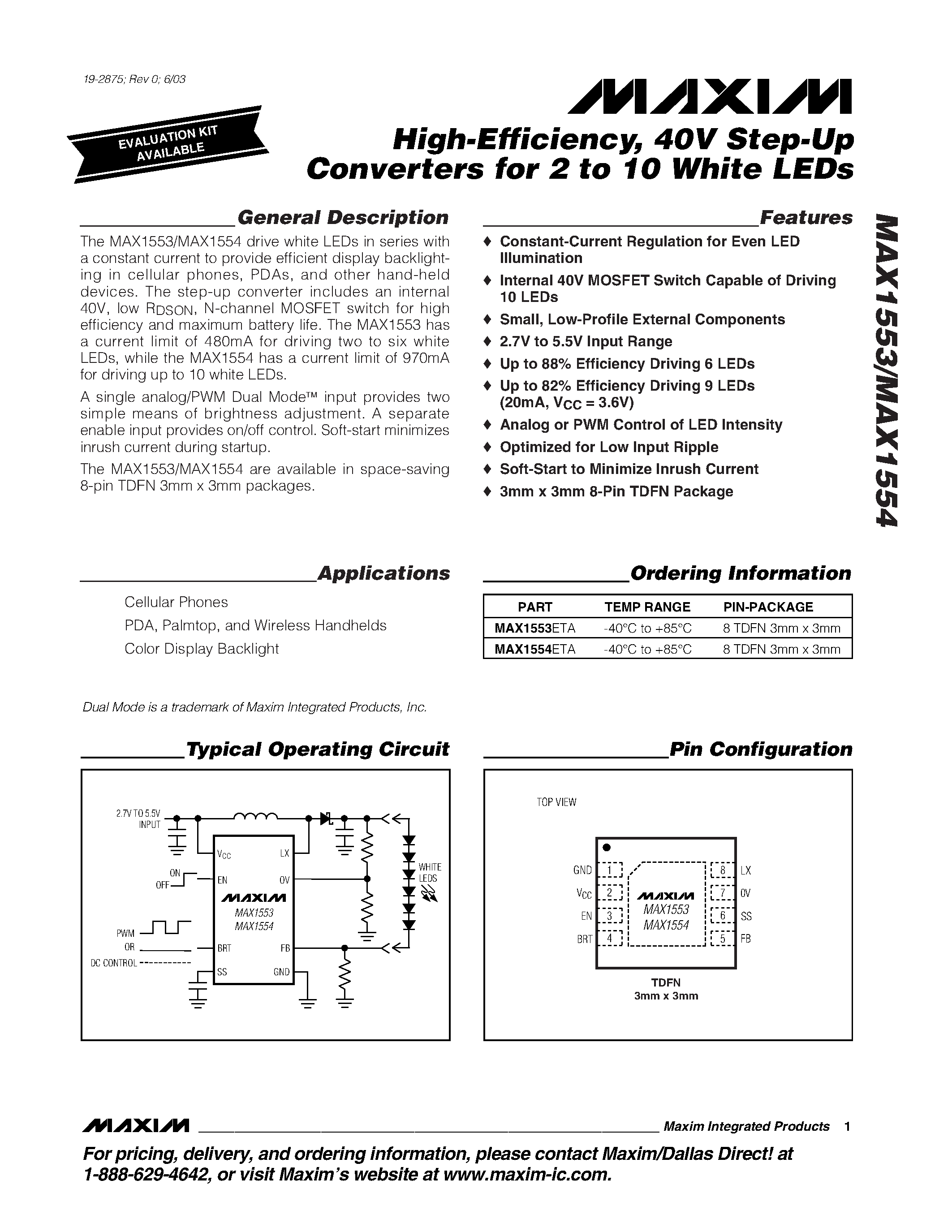 Datasheet MAX1553 - High-Efficiency / 40V Step-Up Converters for 2 to 10 White LEDs page 1