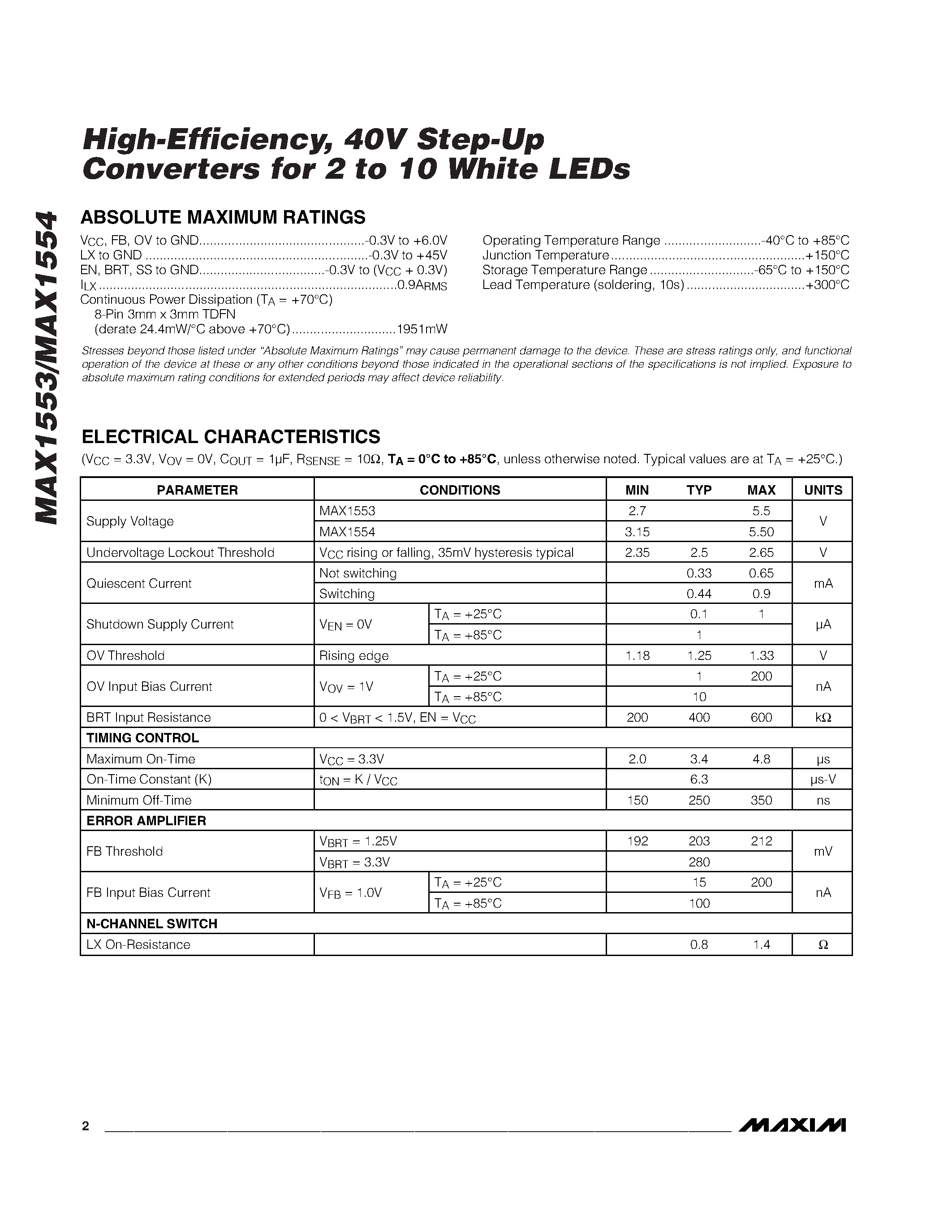 Datasheet MAX1553ETA - High-Efficiency / 40V Step-Up Converters for 2 to 10 White LEDs page 2