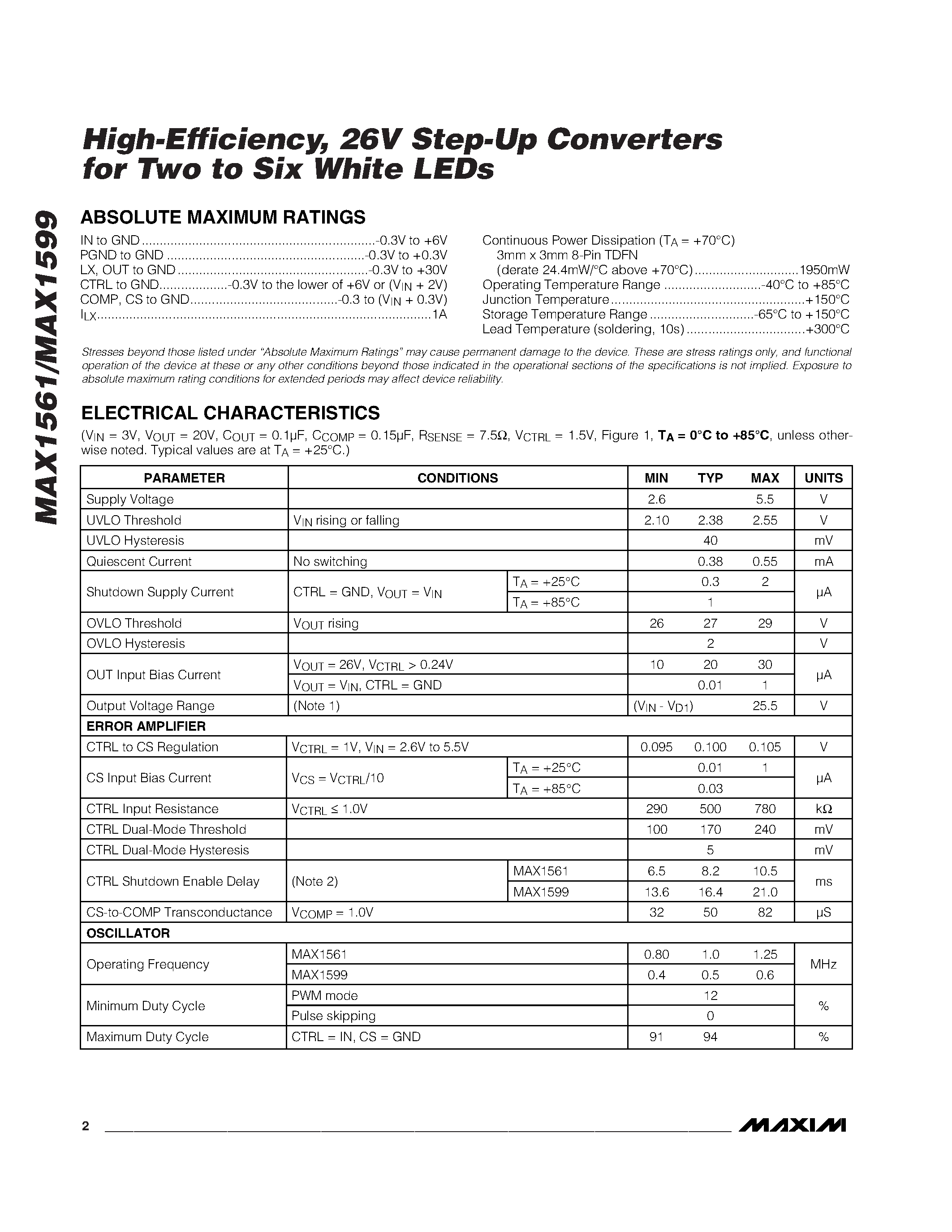 Datasheet MAX1561ETA - High-Efficiency / 26V Step-Up Converters for Two to Six White LEDs page 2