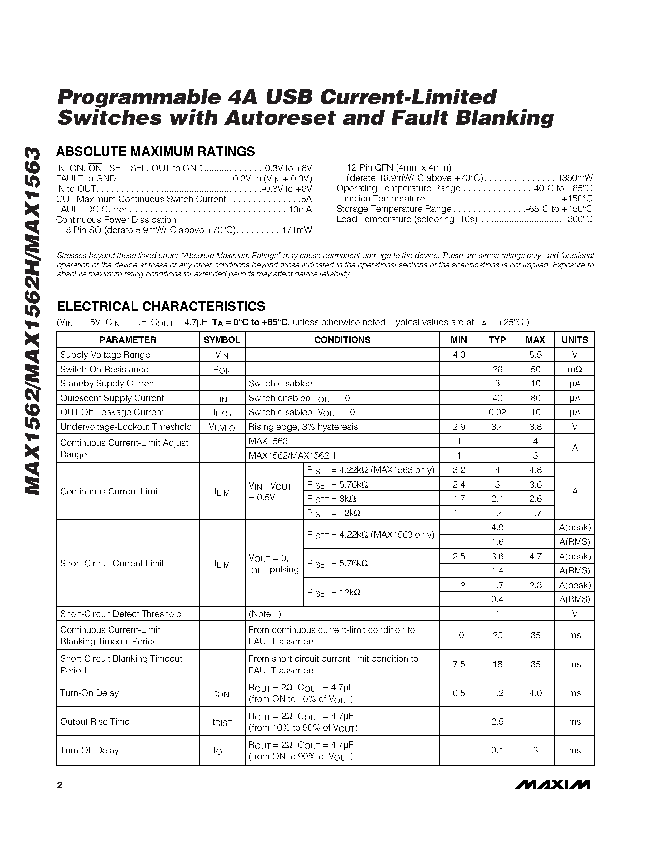 Datasheet MAX1562 - Programmable 4A USB Current-Limited Switches with Autoreset and Fault Blanking page 2