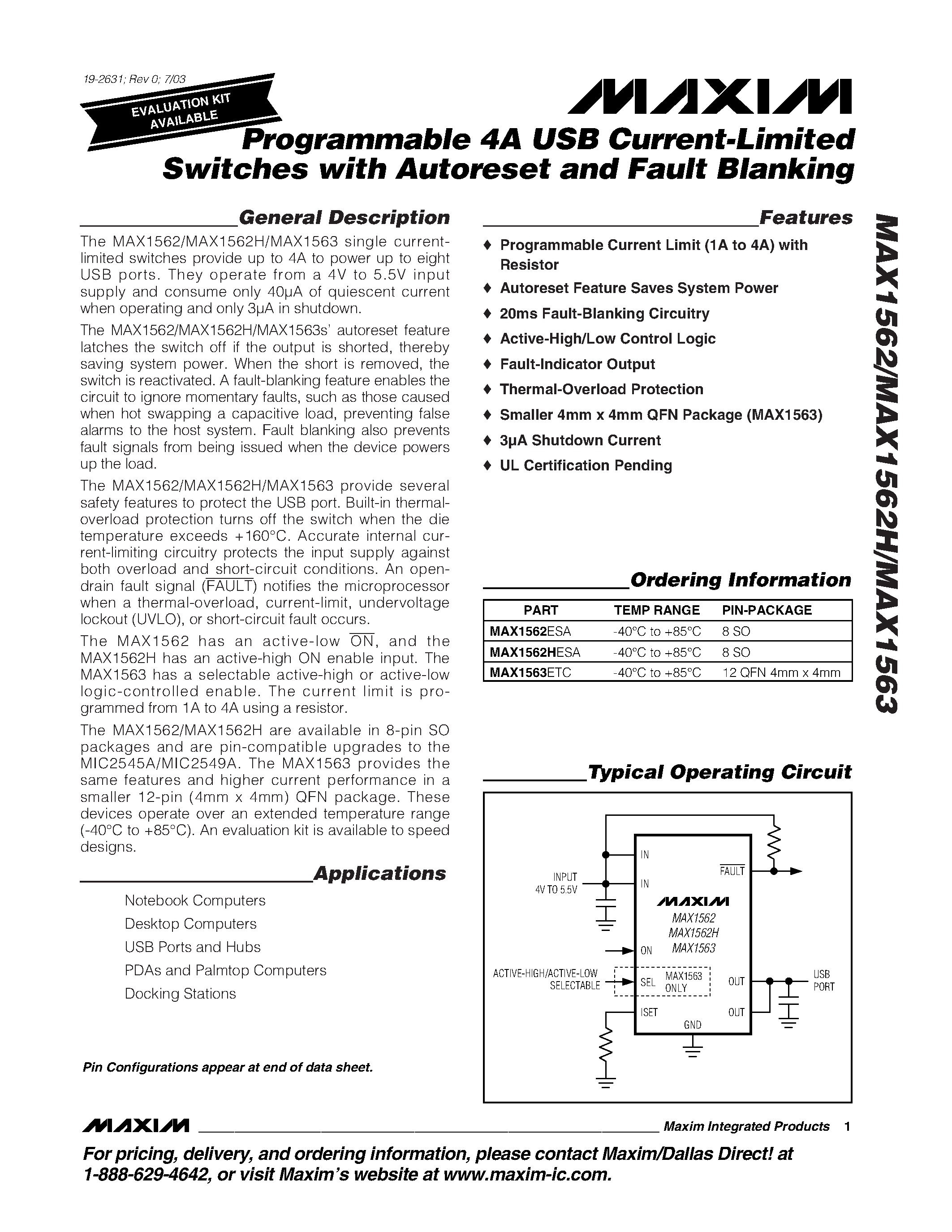 Datasheet MAX1562ESA - Programmable 4A USB Current-Limited Switches with Autoreset and Fault Blanking page 1