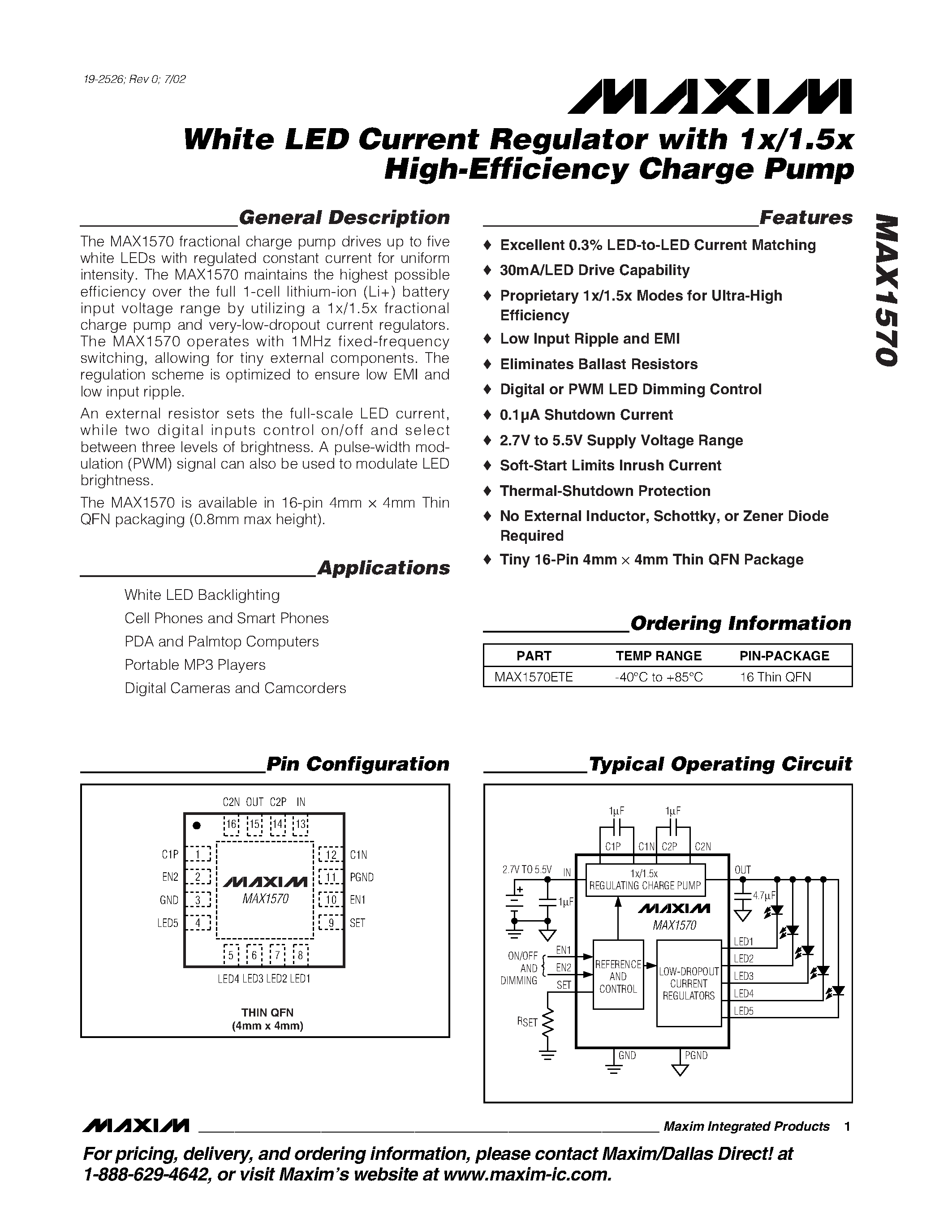 Datasheet MAX1570ETE - White LED Current Regulator with 1x/1.5x High-Efficiency Charge Pump page 1