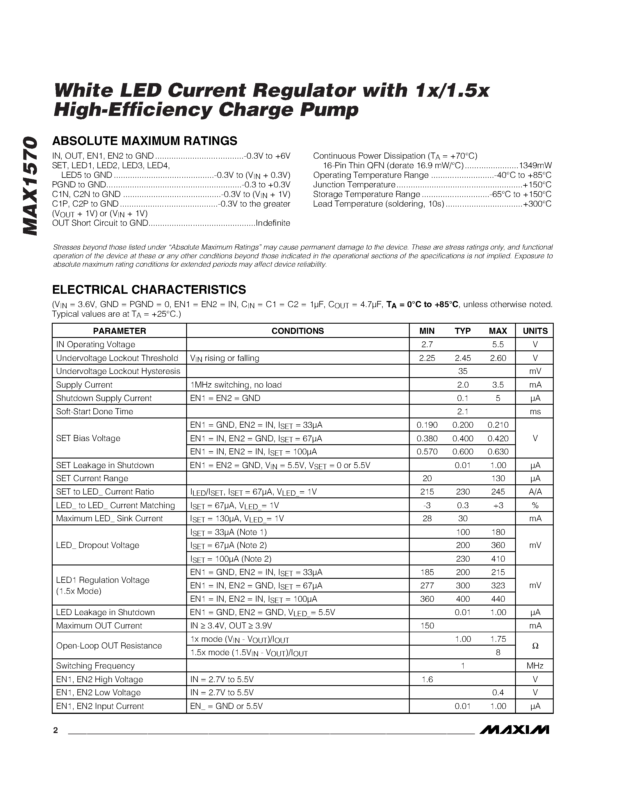 Datasheet MAX1570ETE - White LED Current Regulator with 1x/1.5x High-Efficiency Charge Pump page 2