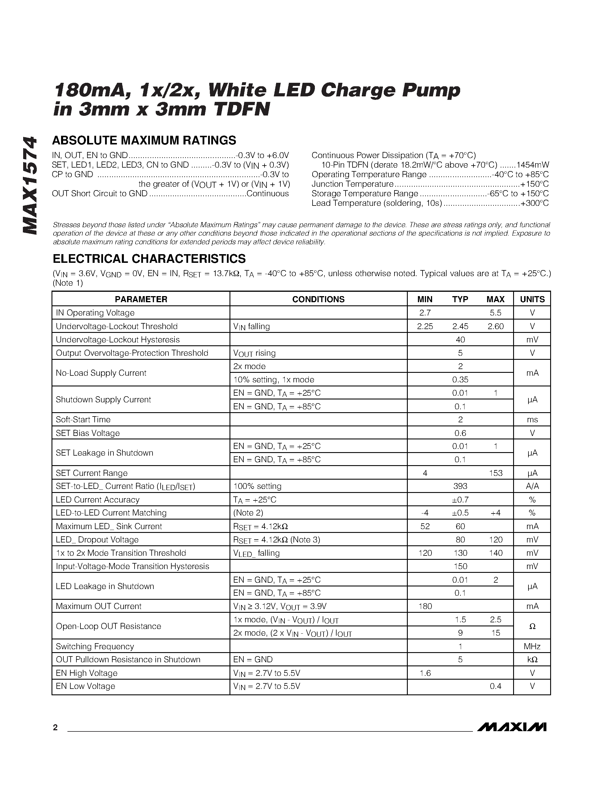 Datasheet MAX1574 - 180mA / 1x/2x / White LED Charge Pump in 3mm x 3mm TDFN page 2