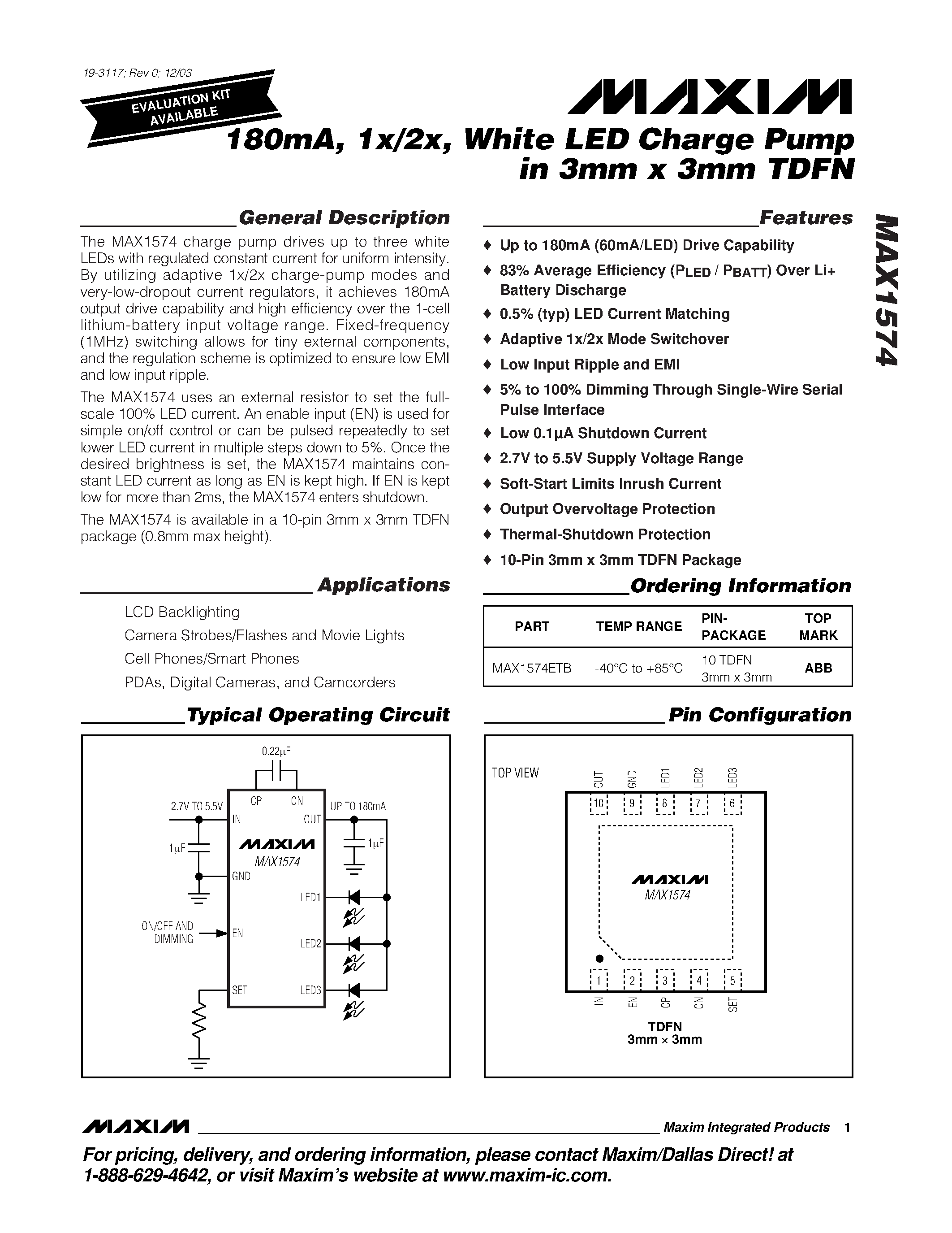 Datasheet MAX1574ETB - 180mA / 1x/2x / White LED Charge Pump in 3mm x 3mm TDFN page 1