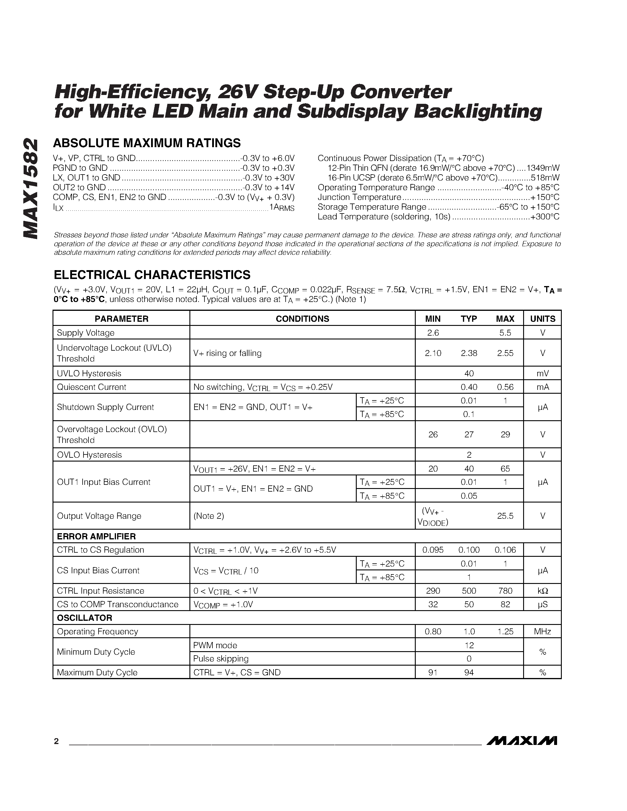 Datasheet MAX1582 - High-Efficiency / 26V Step-Up Converter for White LED Main and Subdisplay Backlighting page 2
