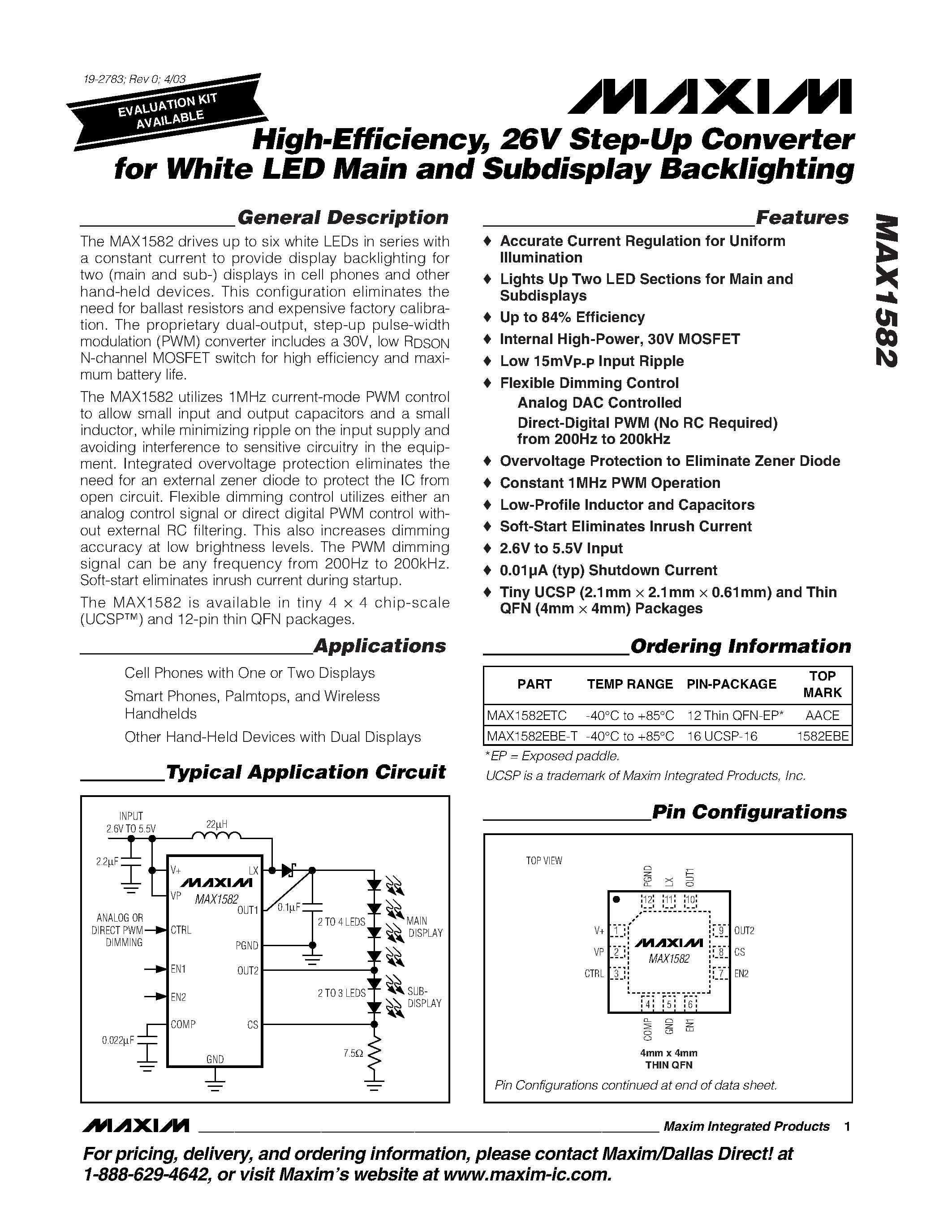 Datasheet MAX1582EBE-T - High-Efficiency / 26V Step-Up Converter for White LED Main and Subdisplay Backlighting page 1
