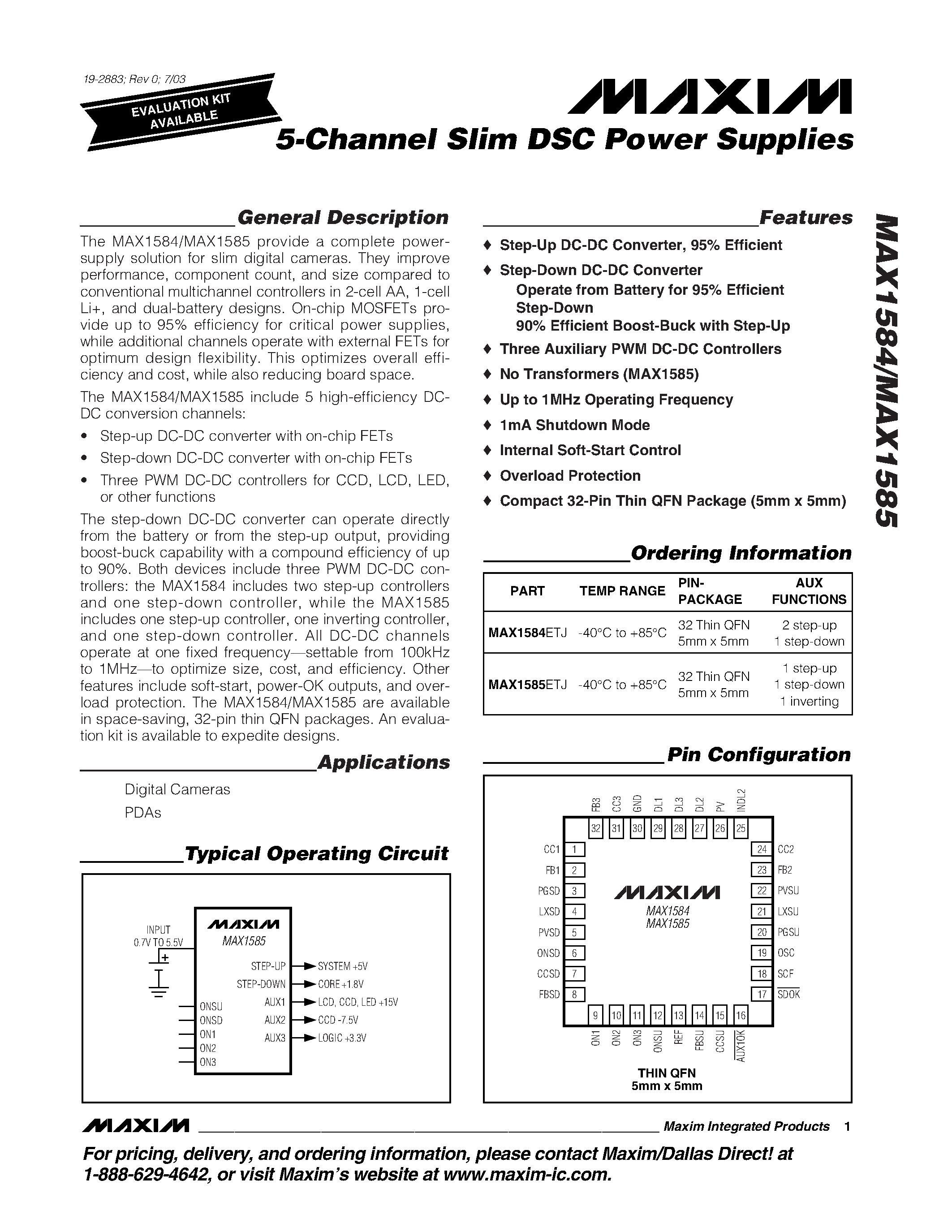 Datasheet MAX1584ETJ page 1 Datasheet MAX1584ETJ - 5-Channel Slim DSC Power Supplies page 1