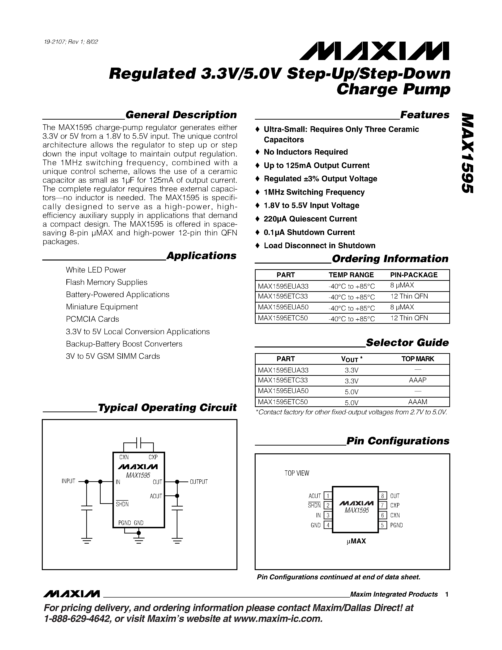 Даташит MAX1595 - Regulated 3.3V/5.0V Step-Up/Step-Down Charge Pump страница 1