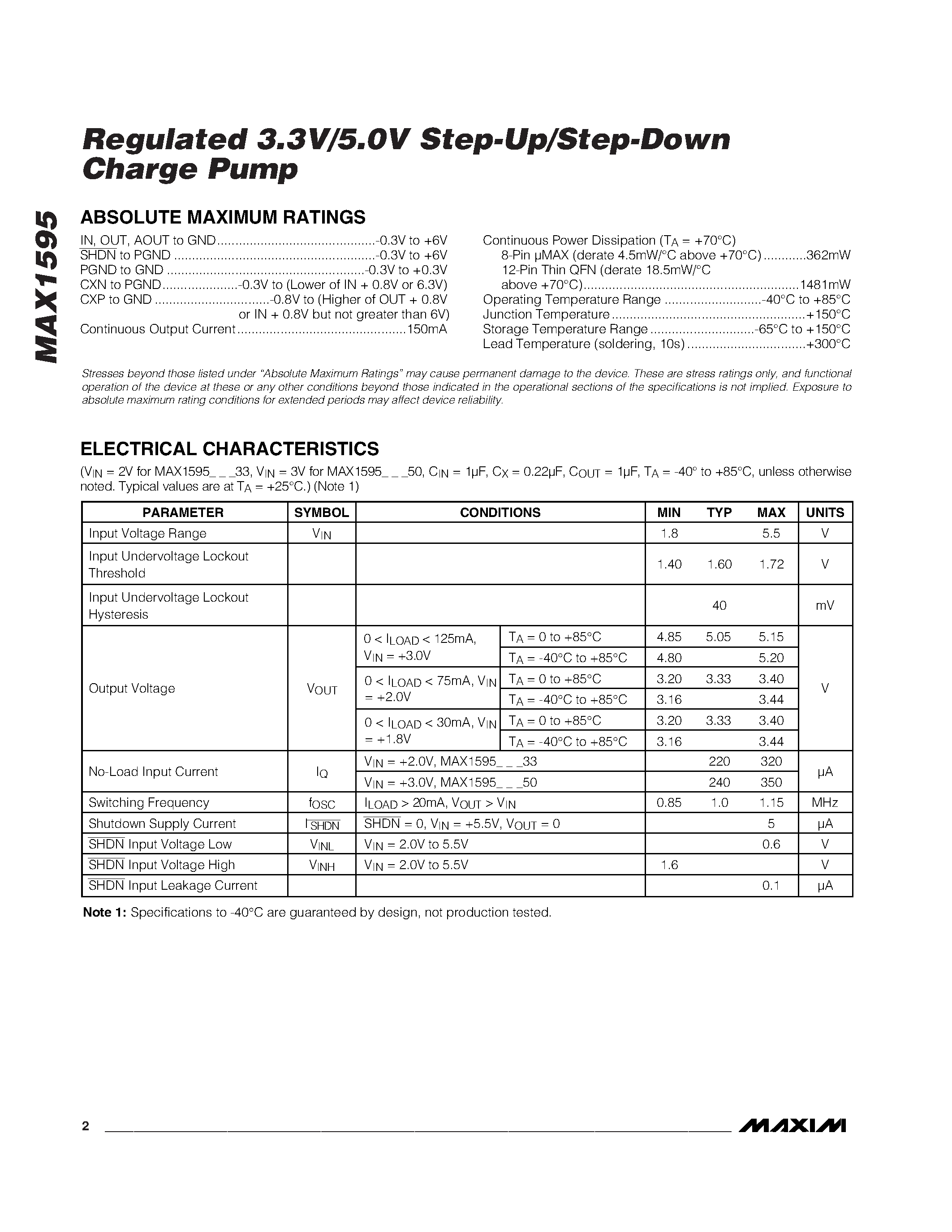 Даташит MAX1595 - Regulated 3.3V/5.0V Step-Up/Step-Down Charge Pump страница 2