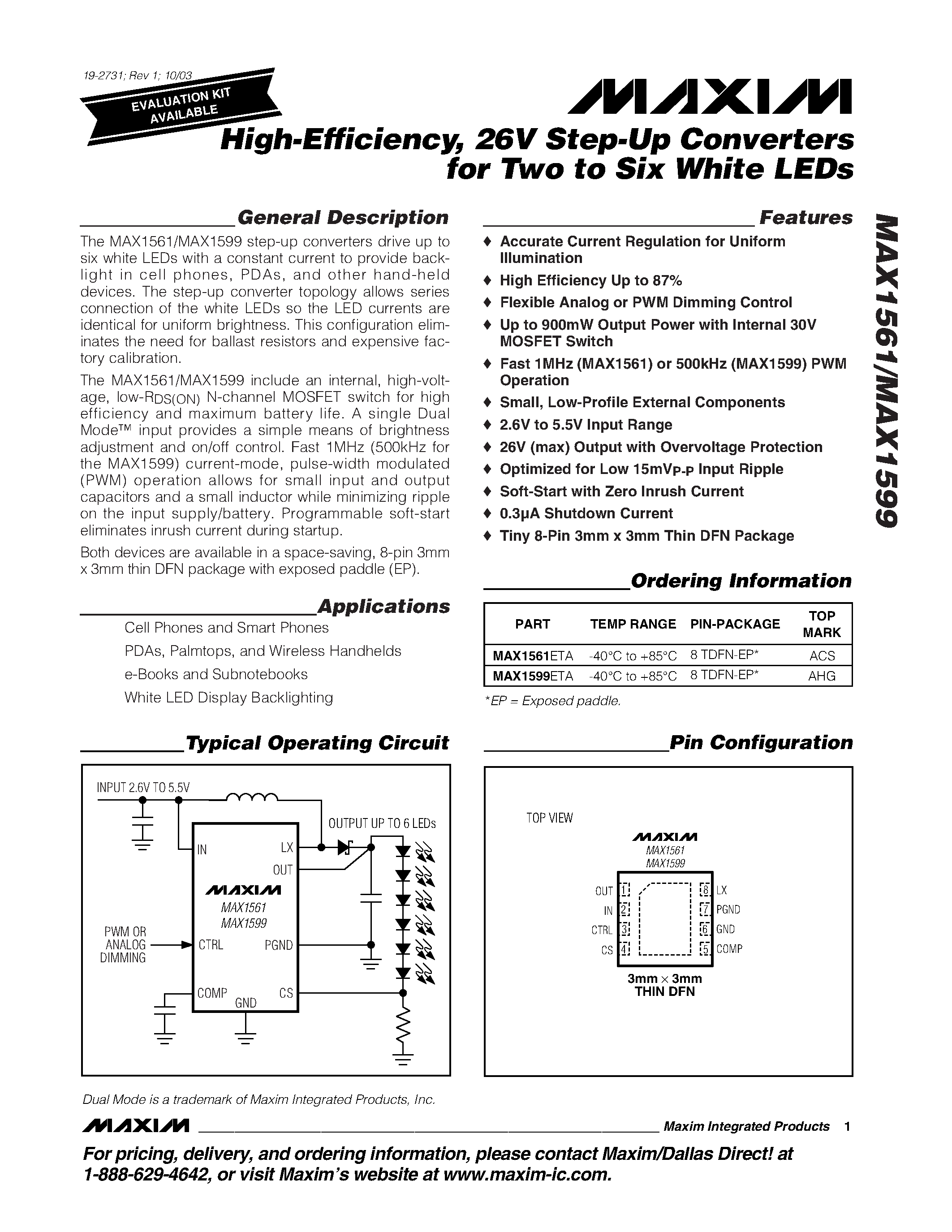 Datasheet MAX1599ETA - High-Efficiency / 26V Step-Up Converters for Two to Six White LEDs page 1