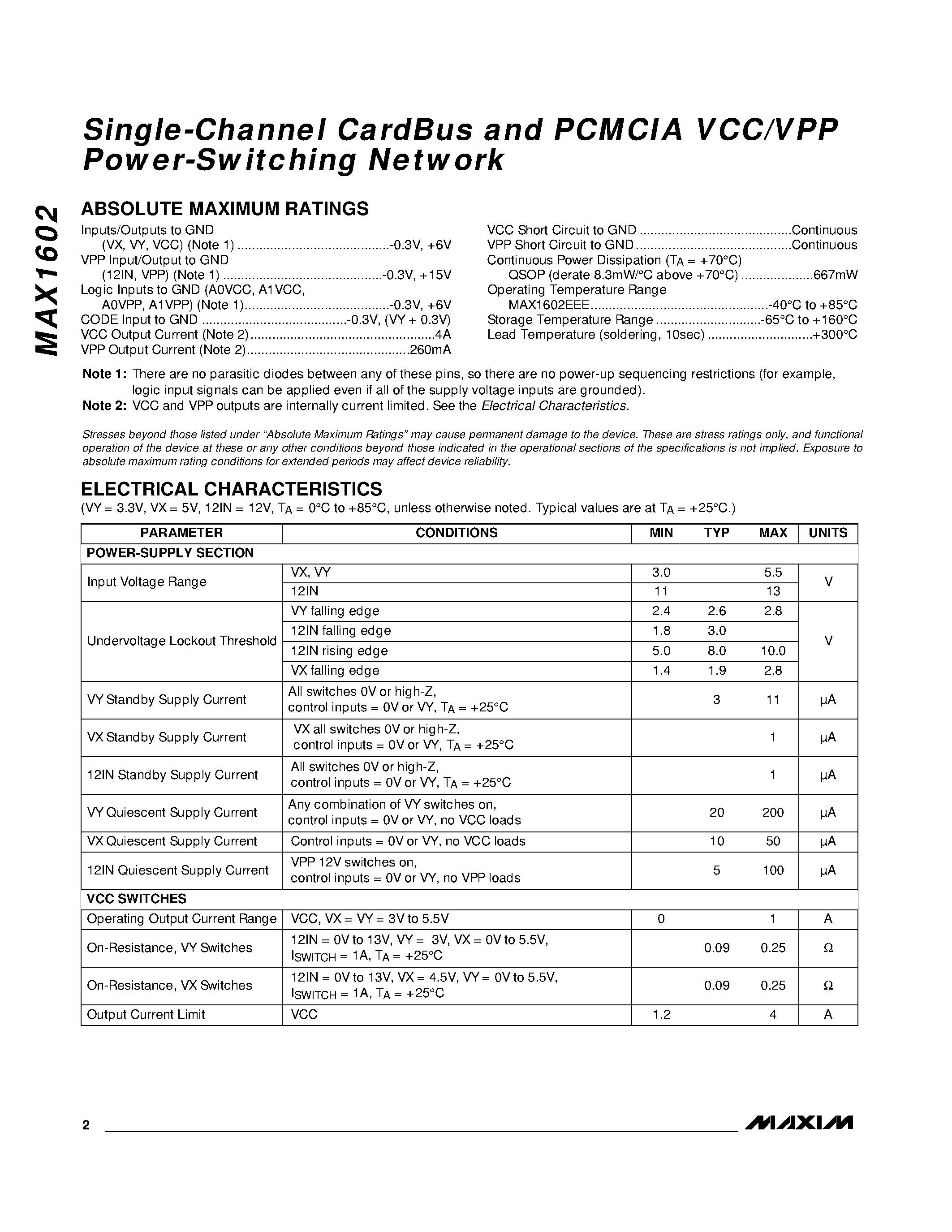 Datasheet MAX1602EEE page 2 Datasheet MAX1602EEE - Single-Channel CardBus and PCMCIA VCC/VPP Power-Switching Network page 2