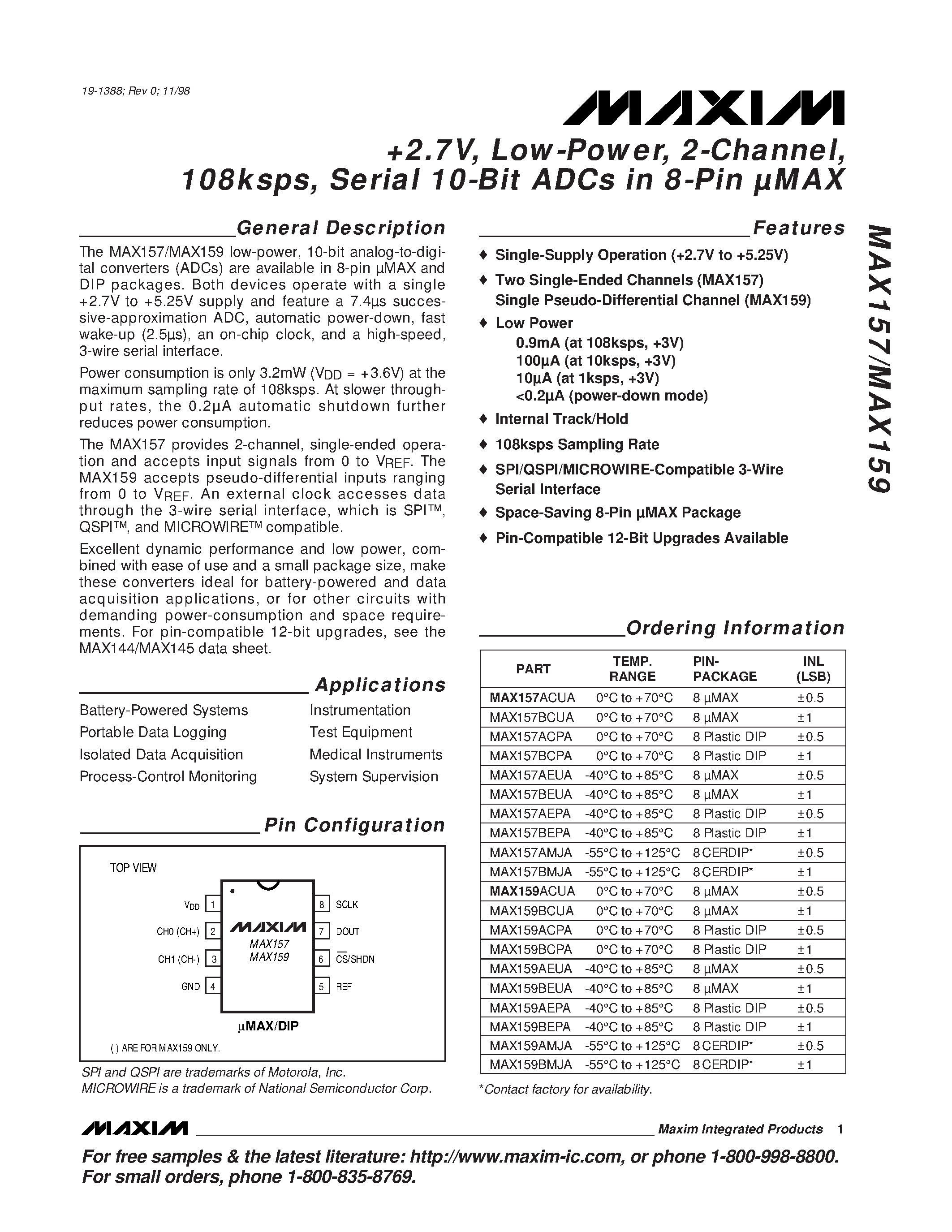 Datasheet MAX1603 page 1 Datasheet MAX1603 - Dual-Channel CardBus and PCMCIA VCC/VPP Power-Switching Networks page 1