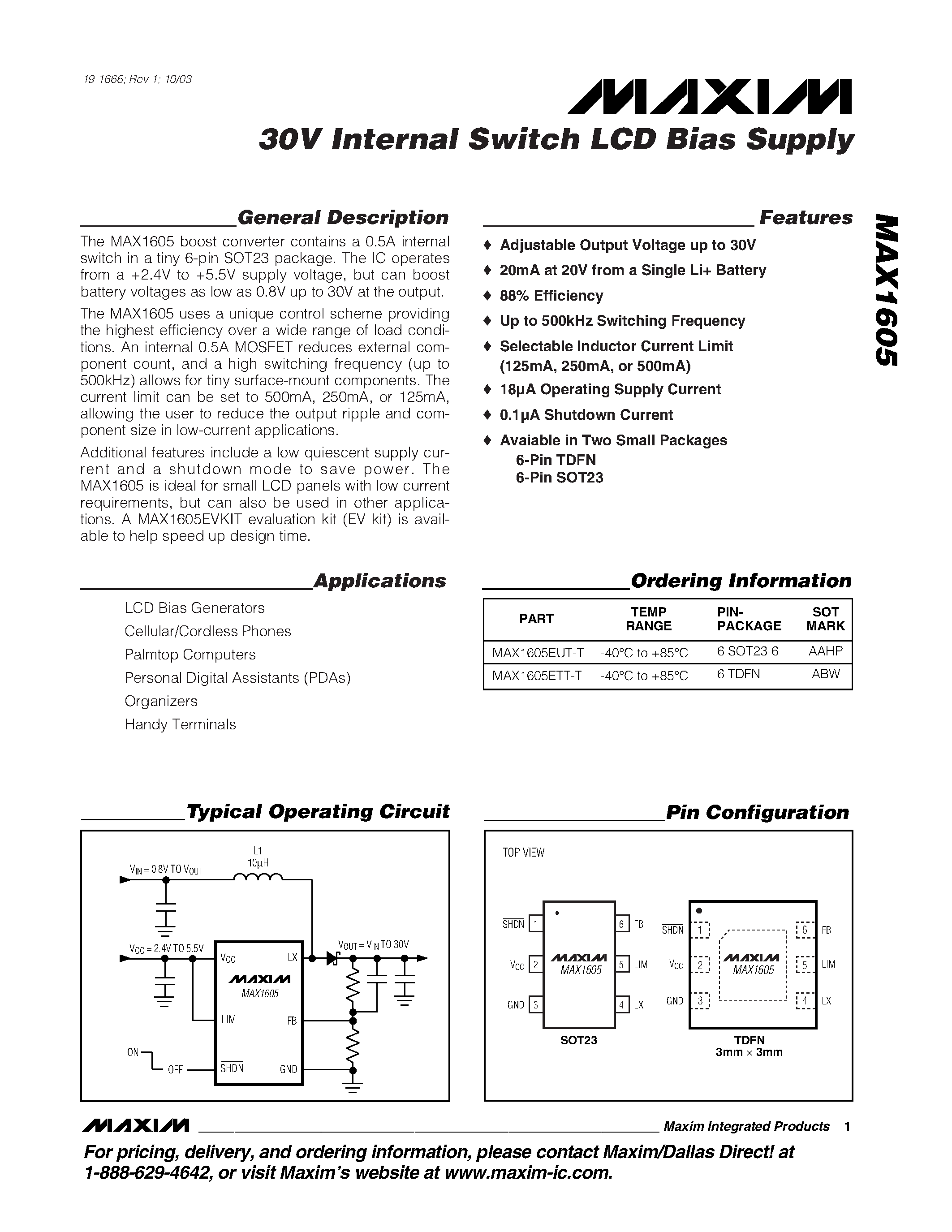 Даташит MAX1605EUT-T - 30V Internal Switch LCD Bias Supply страница 1