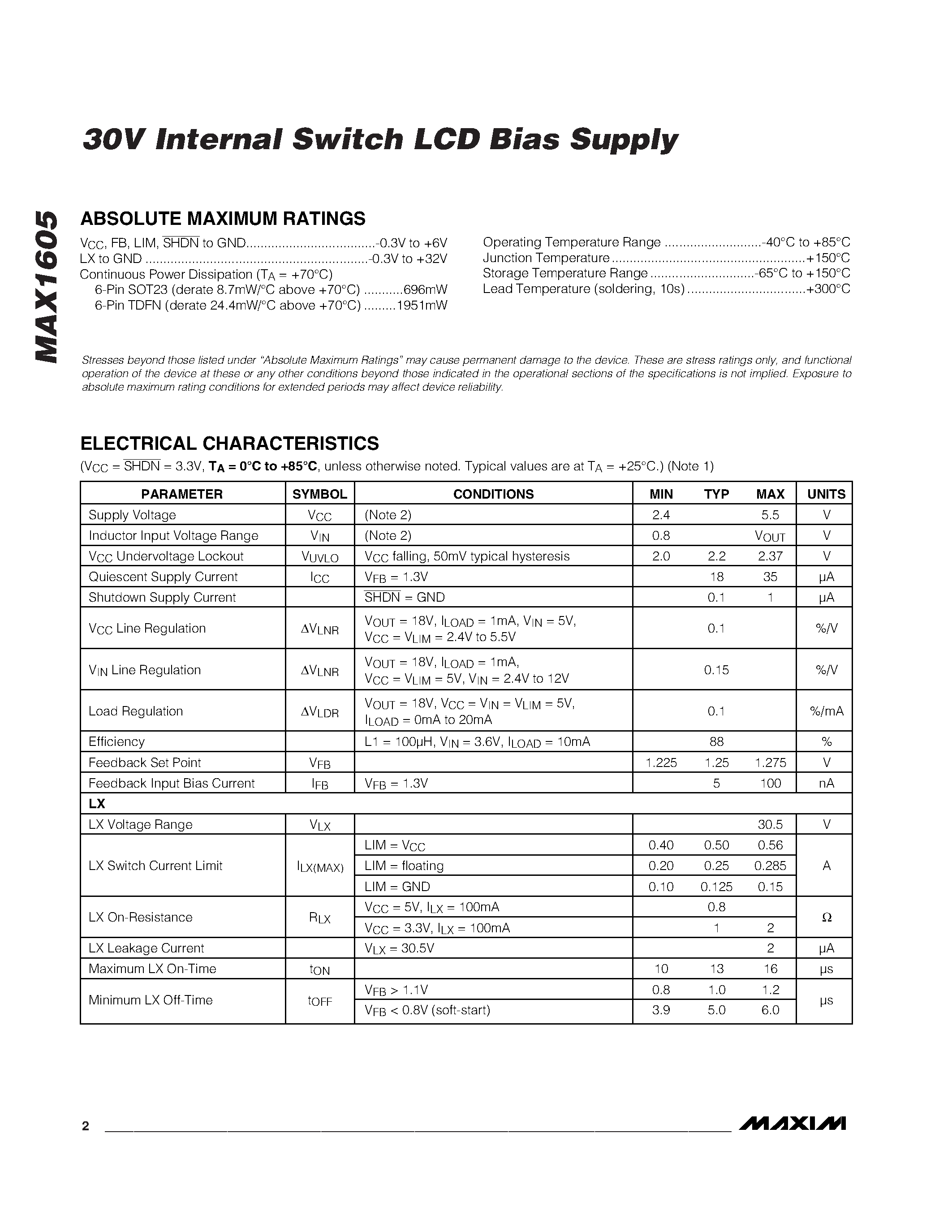 Даташит MAX1605EUT-T - 30V Internal Switch LCD Bias Supply страница 2
