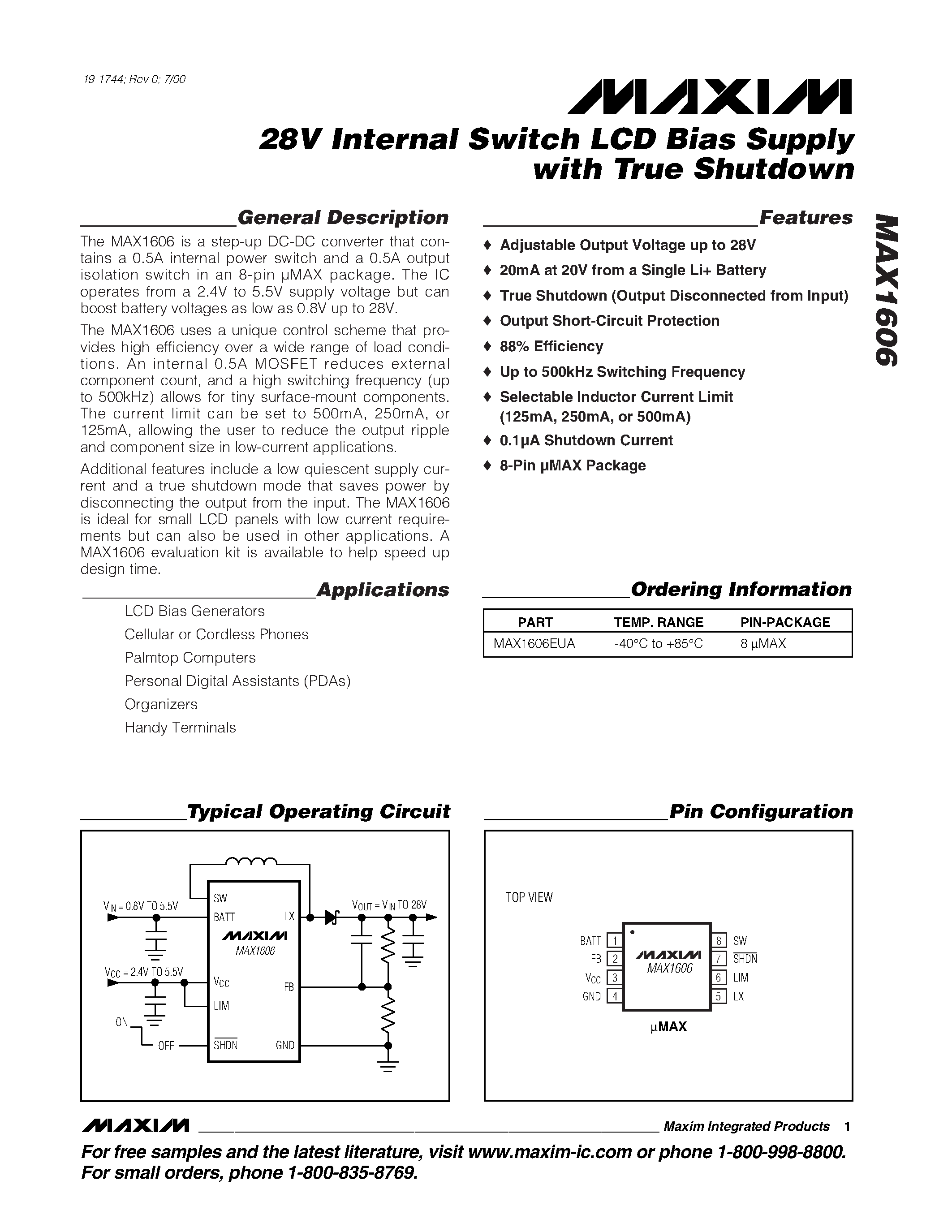 Datasheet MAX1606EUA page 1 Datasheet MAX1606EUA - 28V Internal Switch LCD Bias Supply with True Shutdown page 1