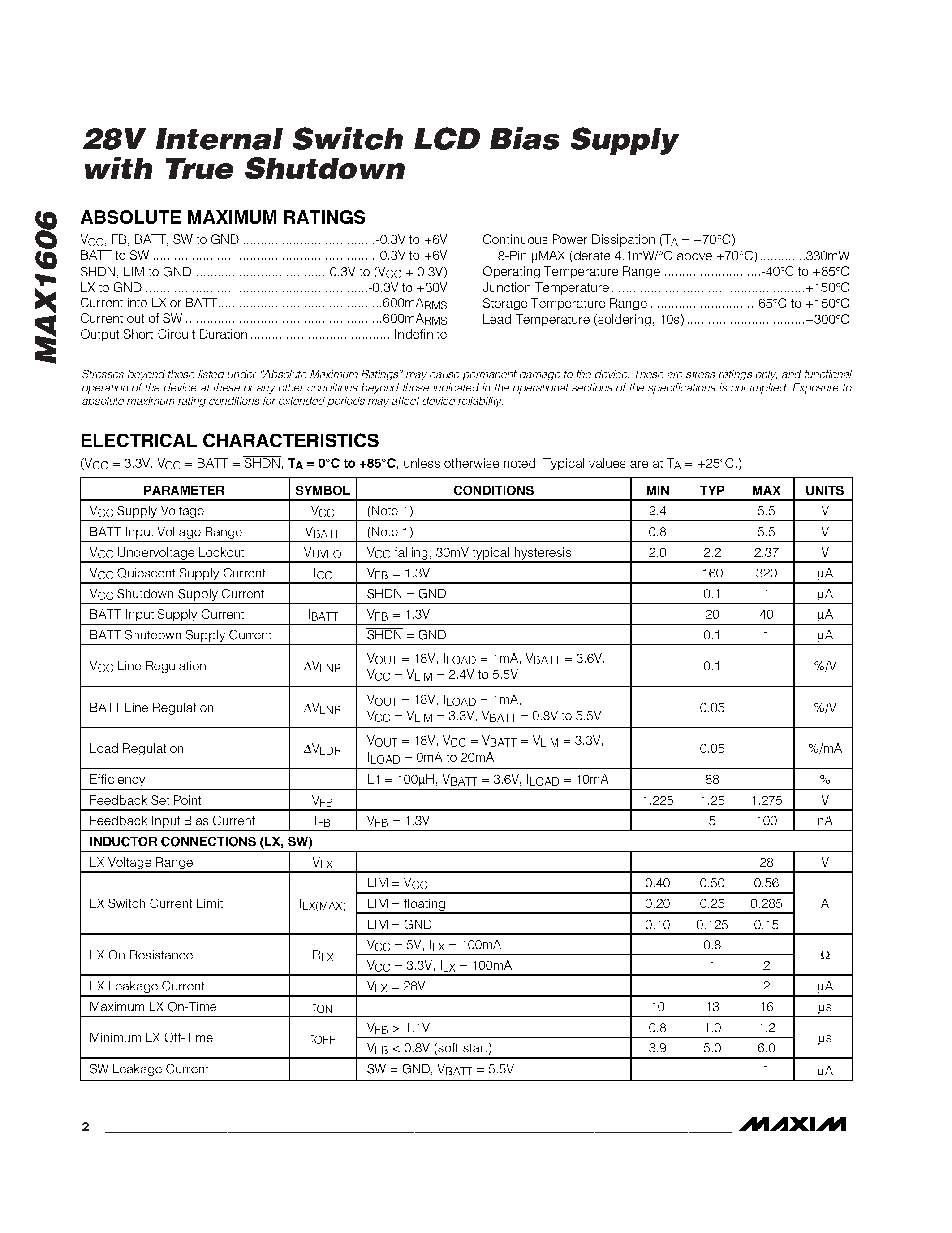 Datasheet MAX1606EUA page 2 Datasheet MAX1606EUA - 28V Internal Switch LCD Bias Supply with True Shutdown page 2