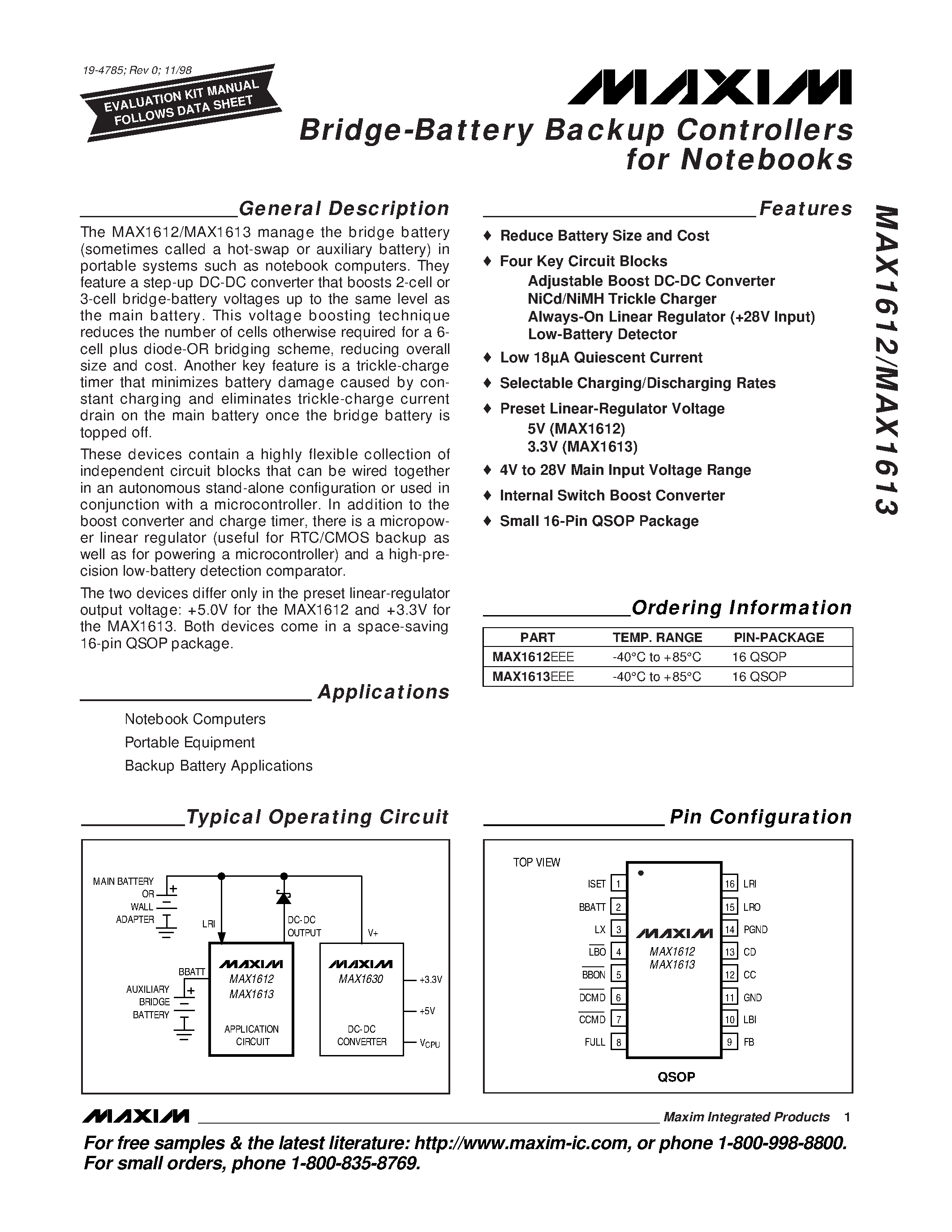 Datasheet MAX1612 - Bridge-Battery Backup Controllers for Notebooks page 1