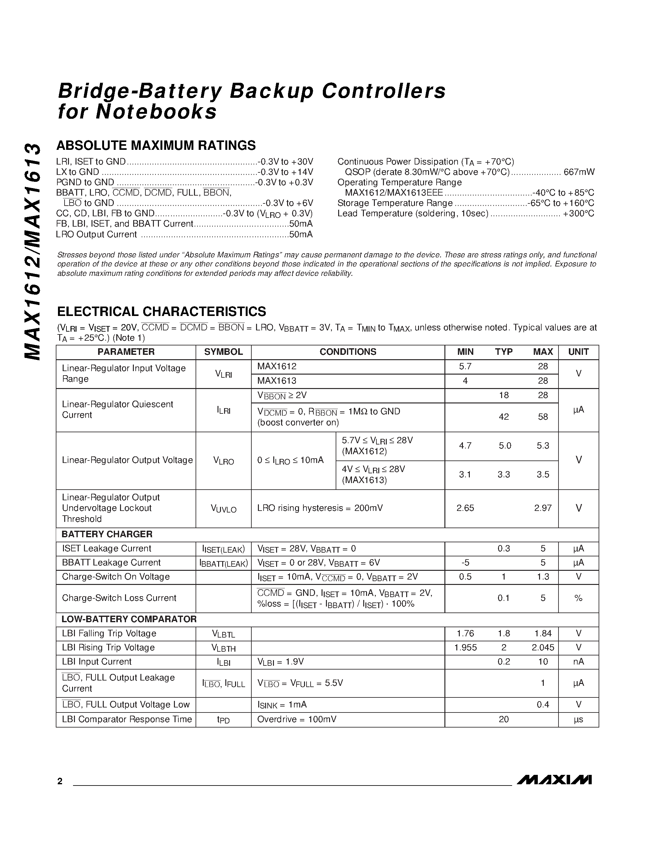 Datasheet MAX1612EEE - Bridge-Battery Backup Controllers for Notebooks page 2