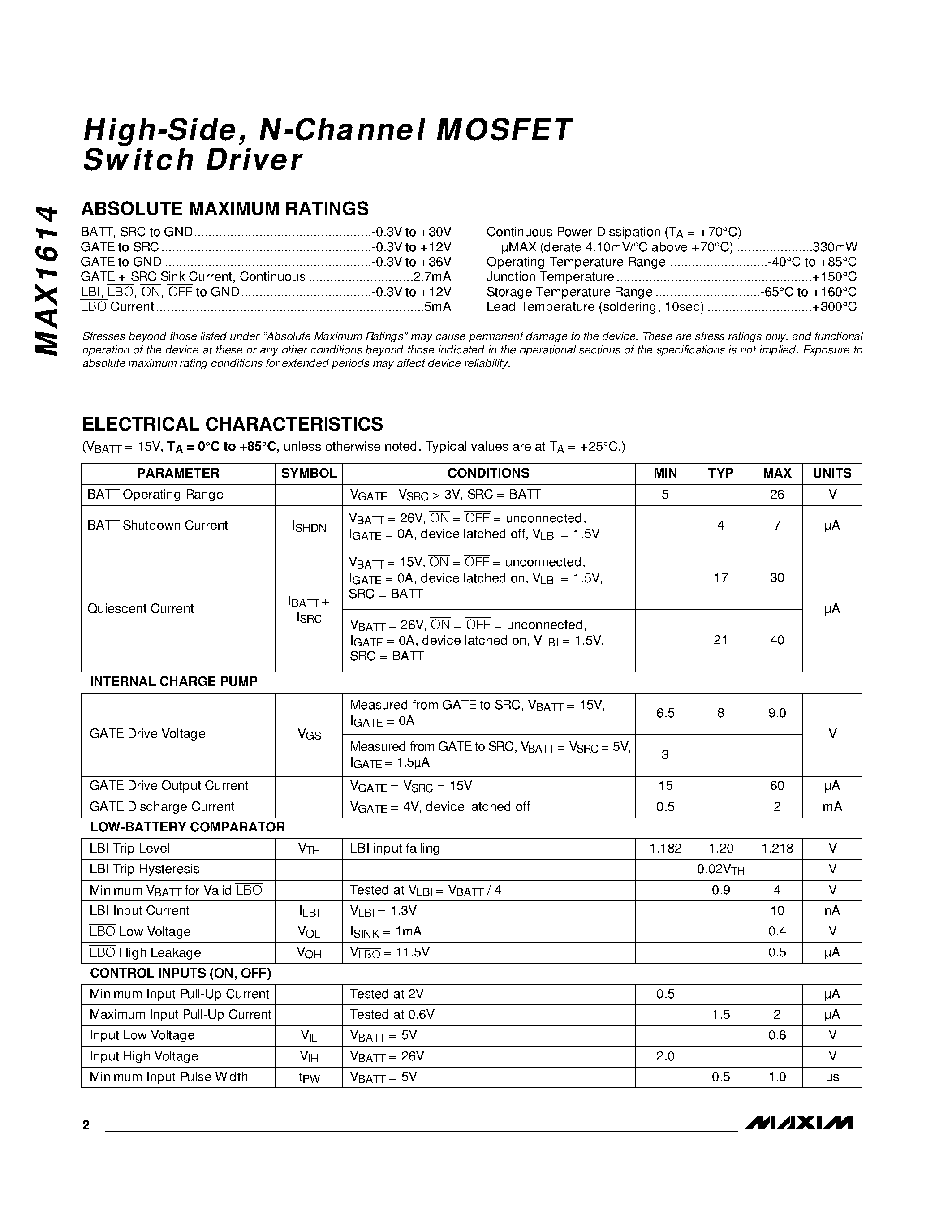 Datasheet MAX1614 - High-Side / N-Channel MOSFET Switch Driver page 2
