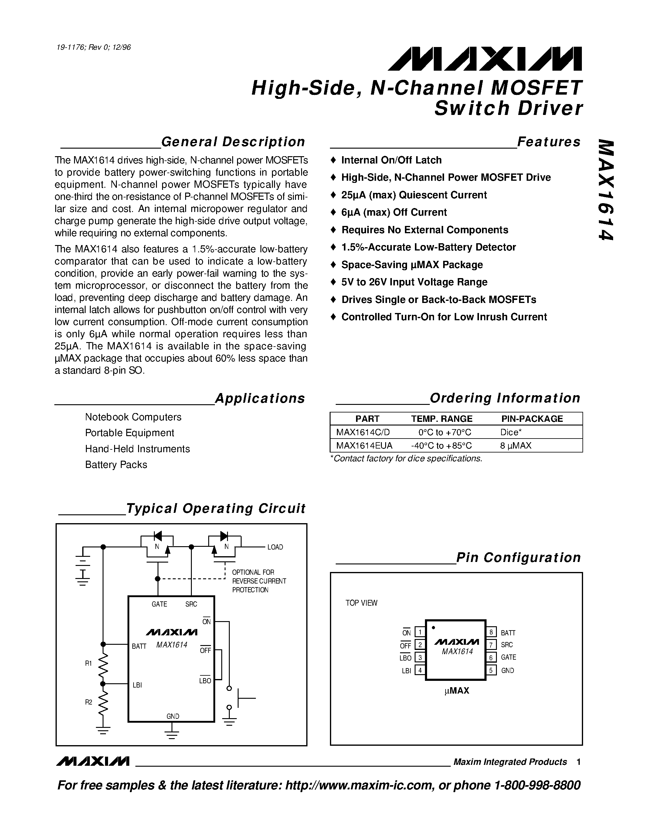 Datasheet MAX1614EUA - High-Side / N-Channel MOSFET Switch Driver page 1