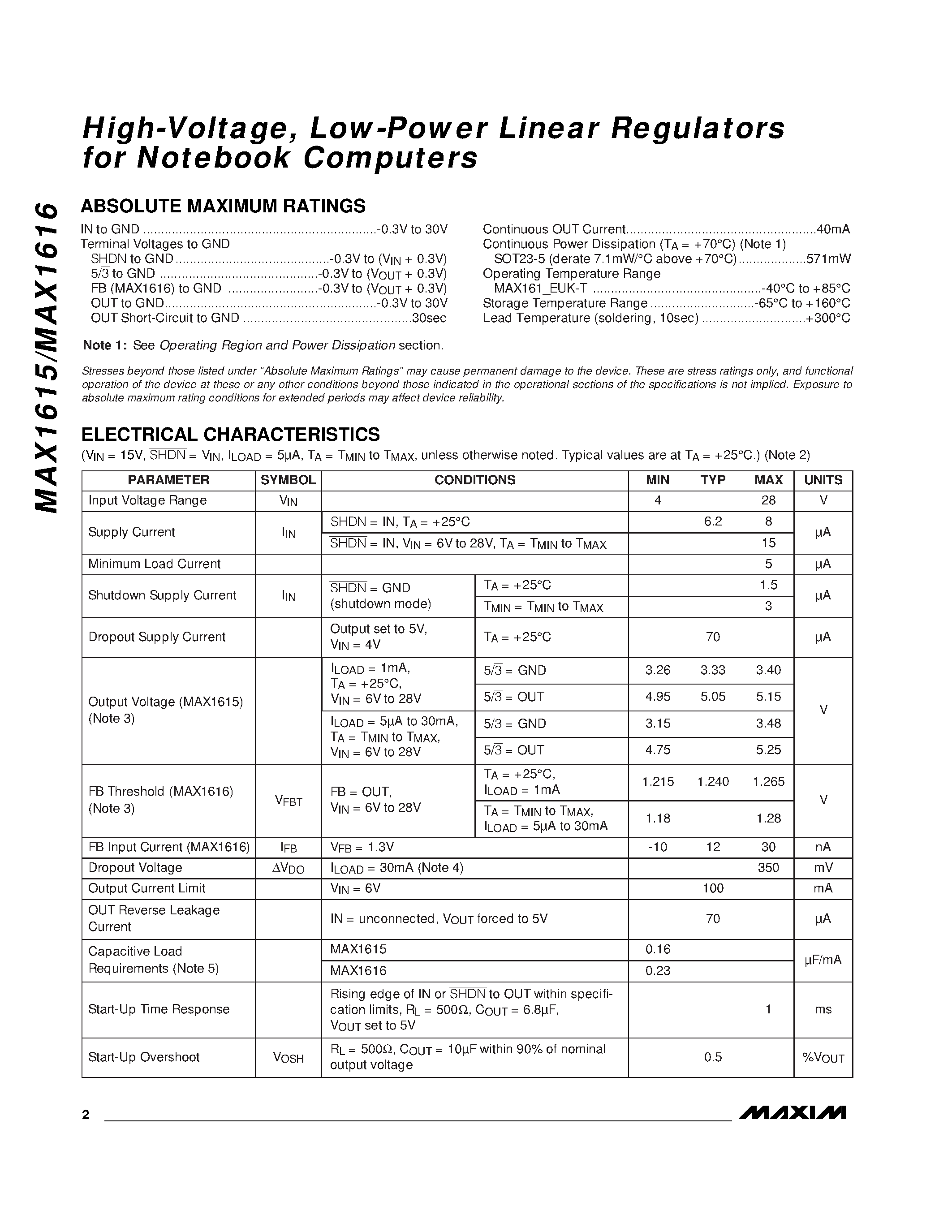 Datasheet MAX1615EUK-T page 2 Datasheet MAX1615EUK-T - High-Voltage / Low-Power Linear Regulators for Notebook Computers page 2