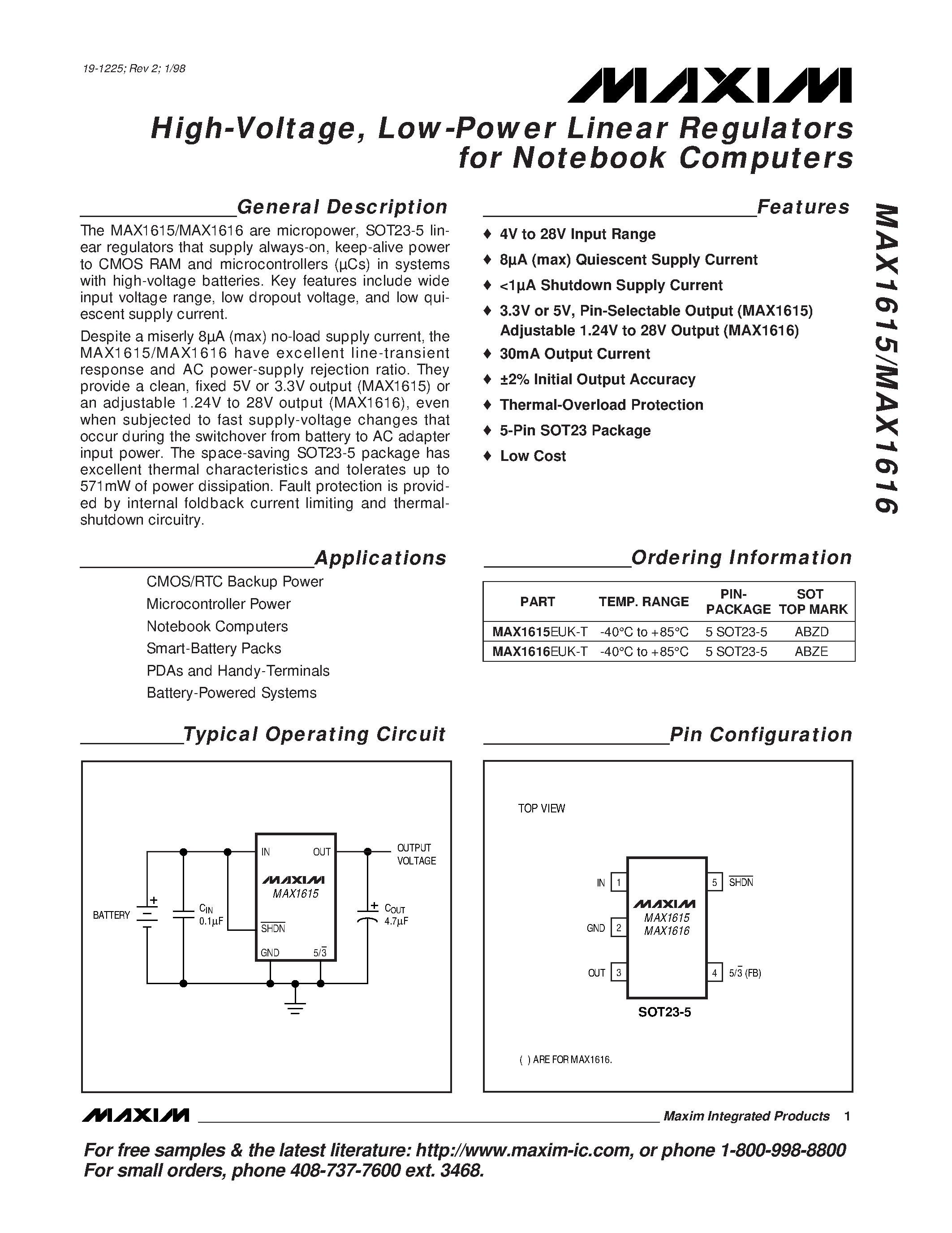 Datasheet MAX1616EUK-T page 1 Datasheet MAX1616EUK-T - High-Voltage / Low-Power Linear Regulators for Notebook Computers page 1