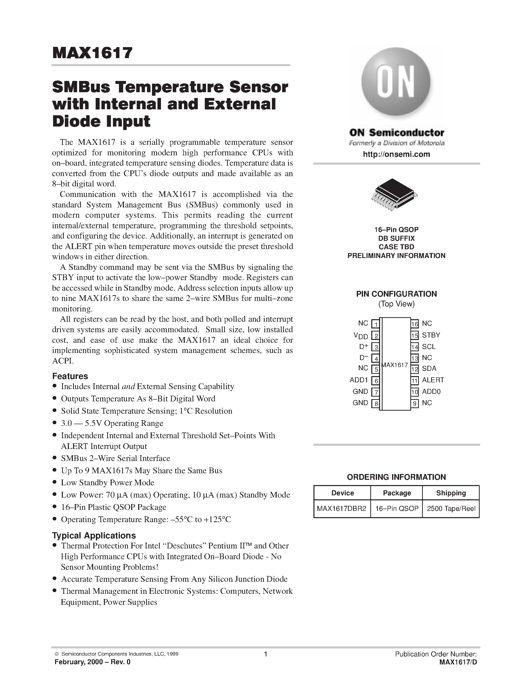 Даташит MAX1617DBR2 - SMBus Temperature Sensor with Internal and External Diode Input страница 1