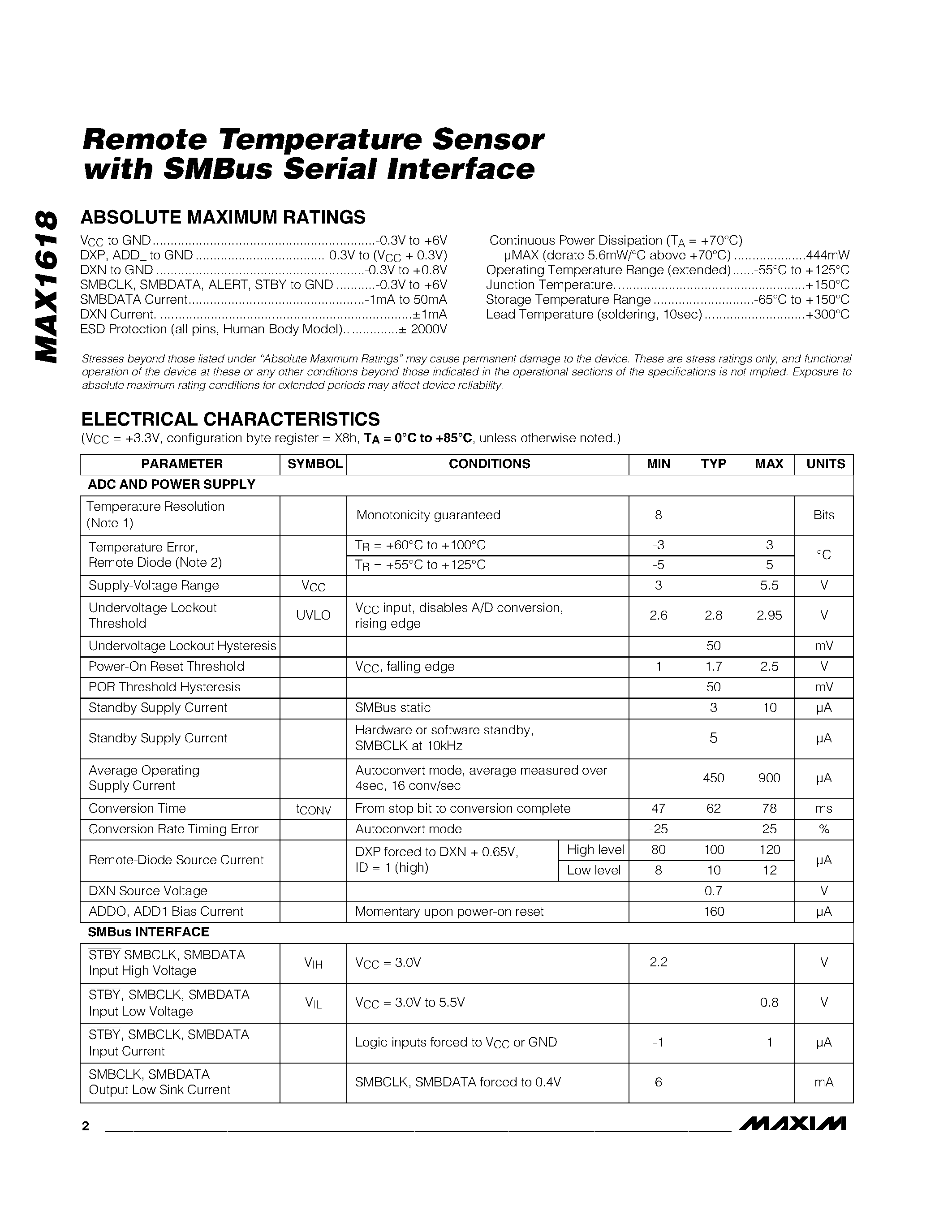 Даташит MAX1618MUB - Remote Temperature Sensor with SMBus Serial Interface страница 2