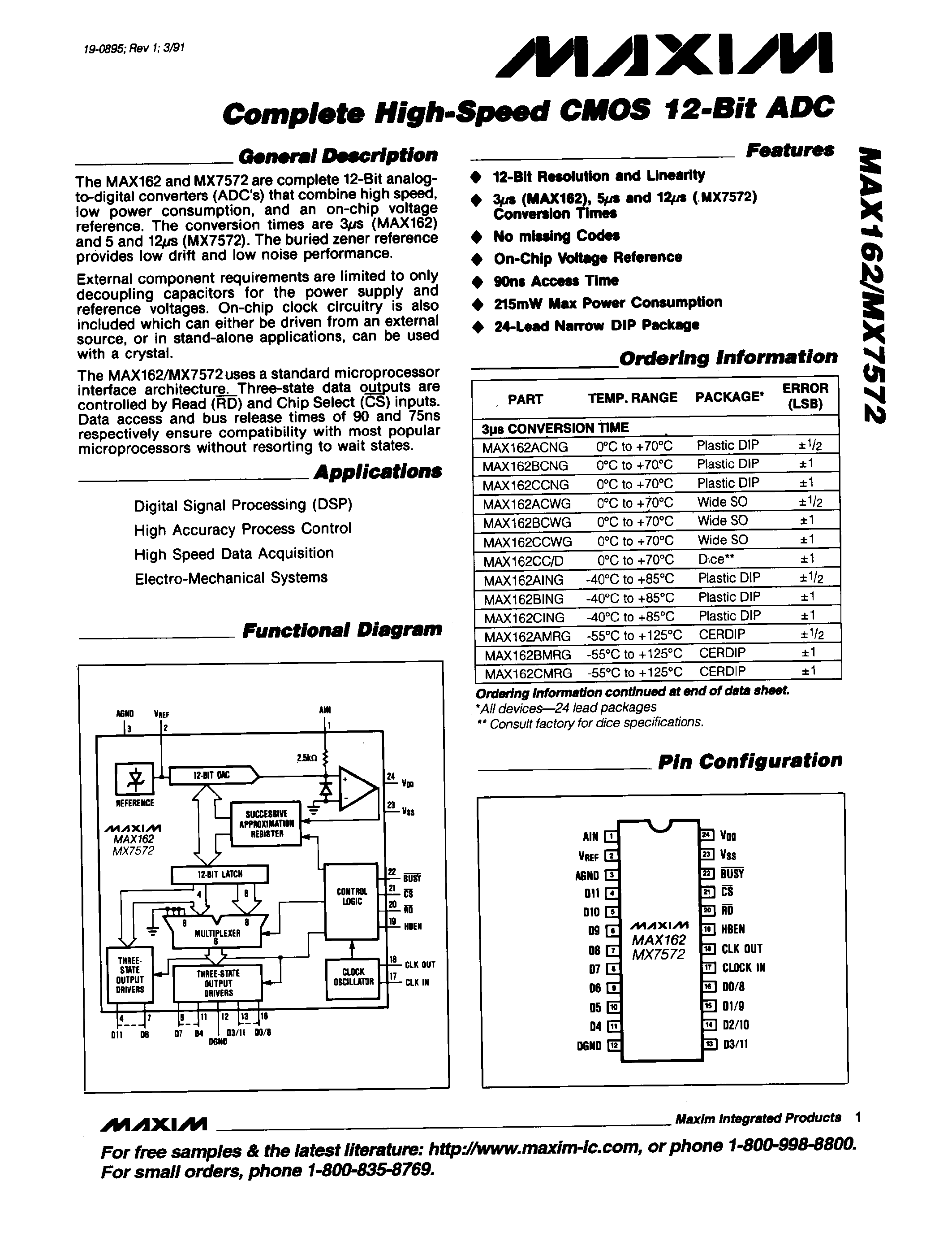 Datasheet MAX162 - Complete High-Speed CMOS 12-Bit ADC page 1