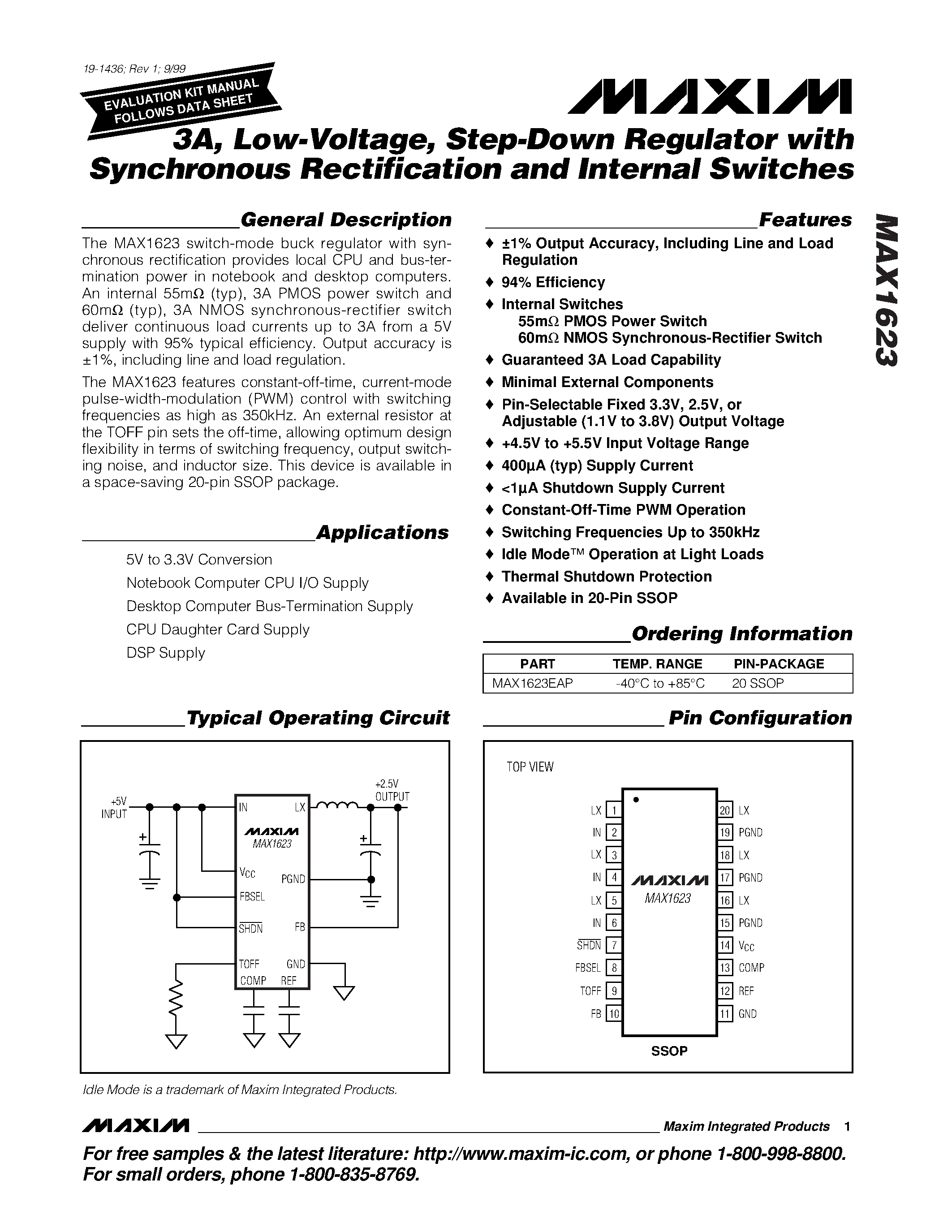 Datasheet MAX1623 - 3A / Low-Voltage / Step-Down Regulator with Synchronous Rectification and Internal Switches page 1