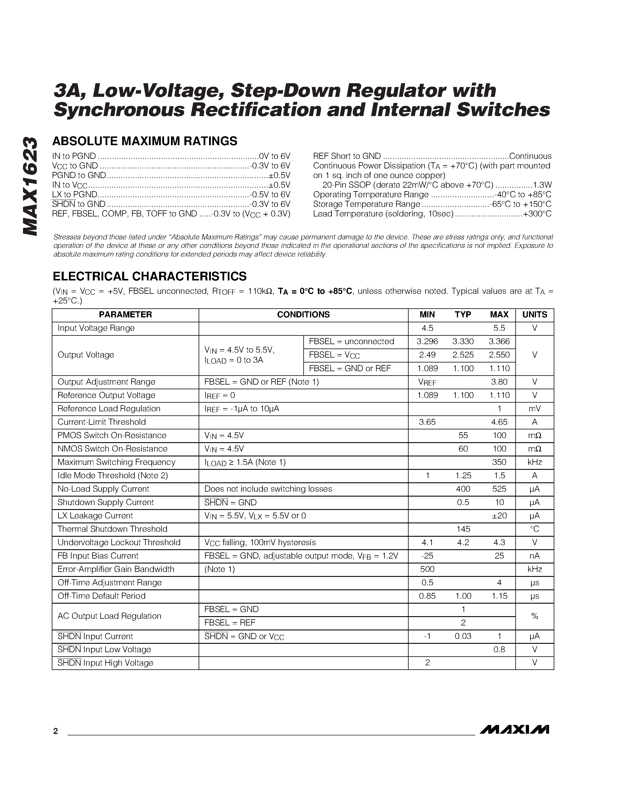 Datasheet MAX1623 - 3A / Low-Voltage / Step-Down Regulator with Synchronous Rectification and Internal Switches page 2