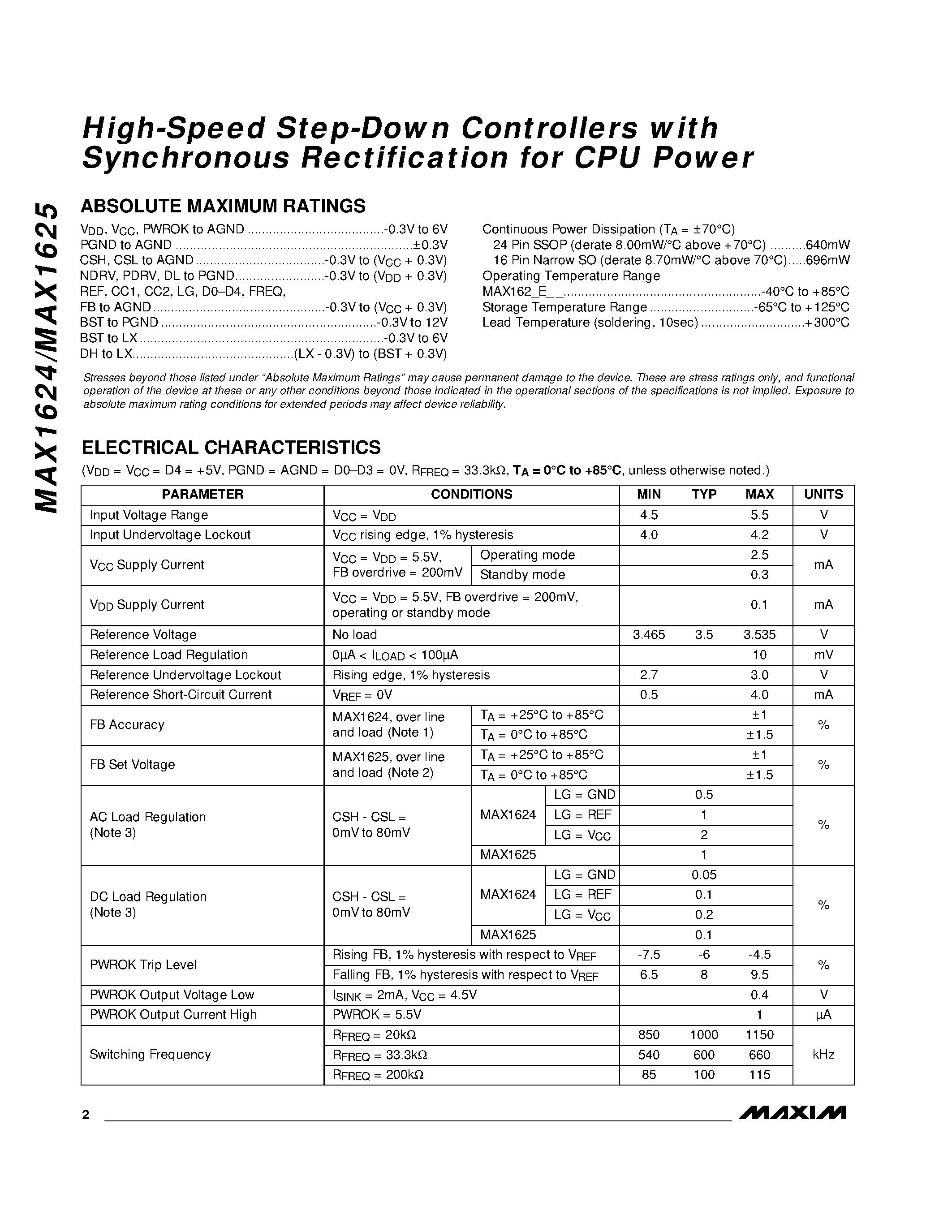 Datasheet MAX1624 - High-Speed Step-Down Controllers with Synchronous Rectification for CPU Power page 2
