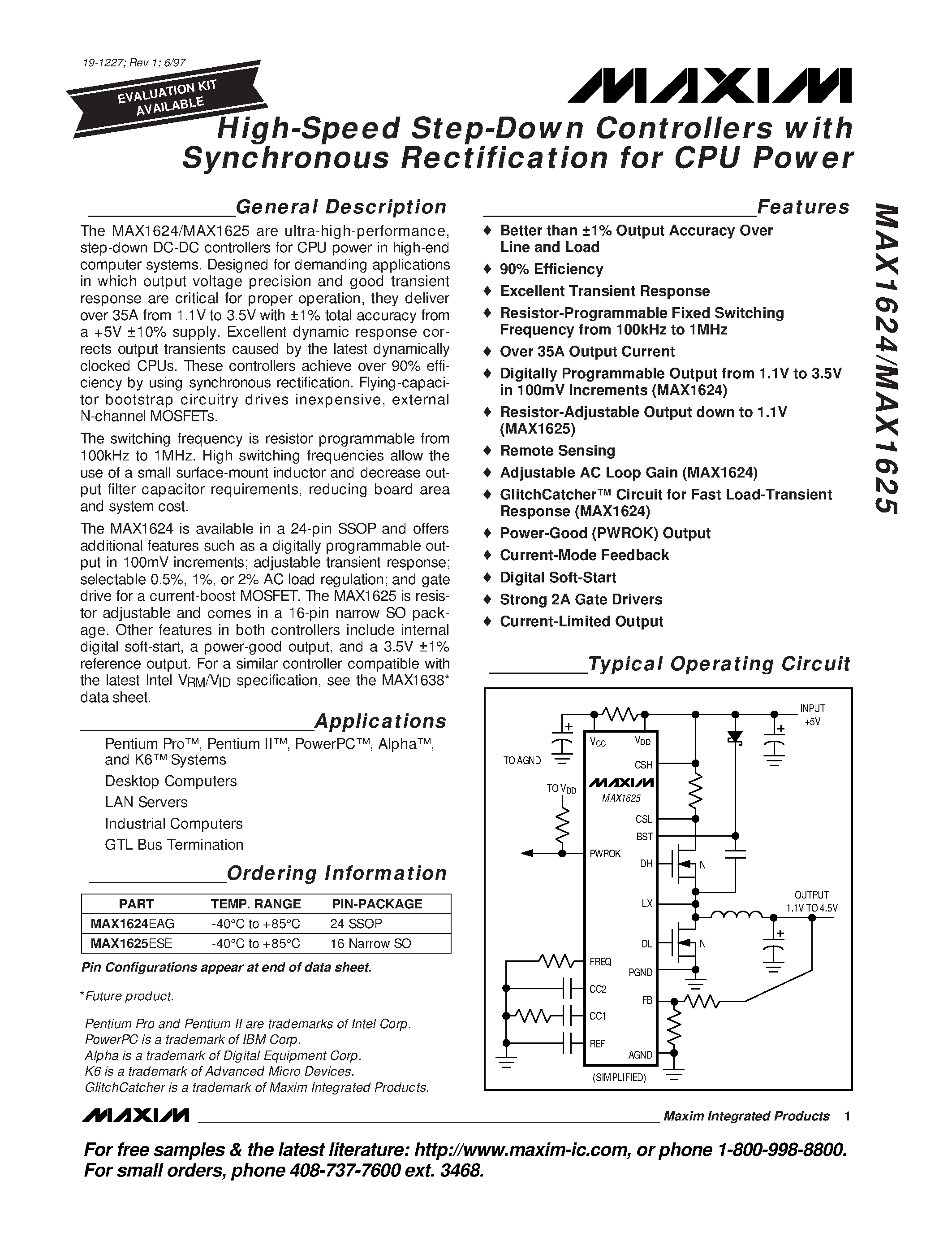 Datasheet MAX1624-MAX1625 - High-Speed Step-Down Controllers with Synchronous Rectification for CPU Power page 1
