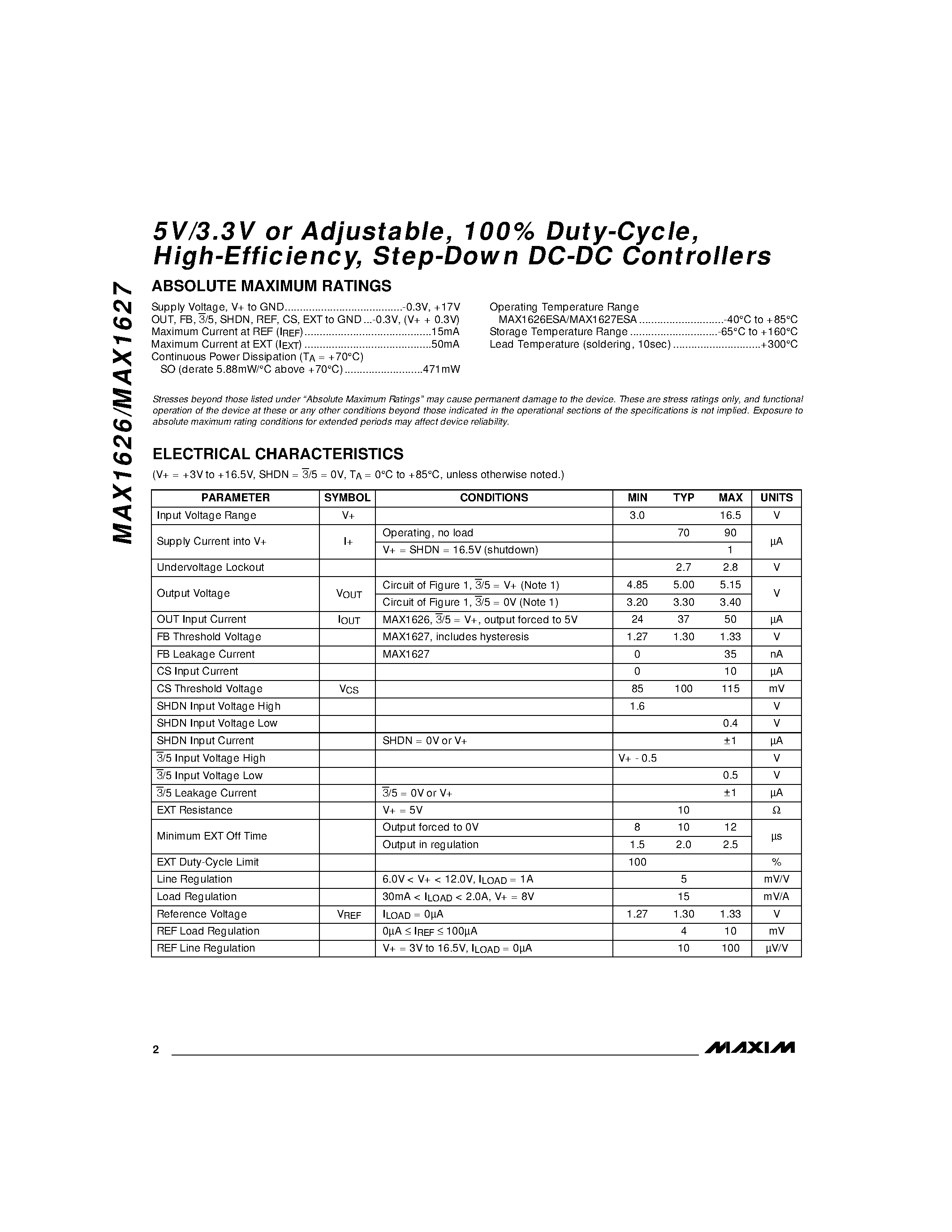 Datasheet MAX1626ESA - 5V/3.3V or Adjustable / 100% Duty-Cycle / High-Efficiency / Step-Down DC-DC Controllers page 2