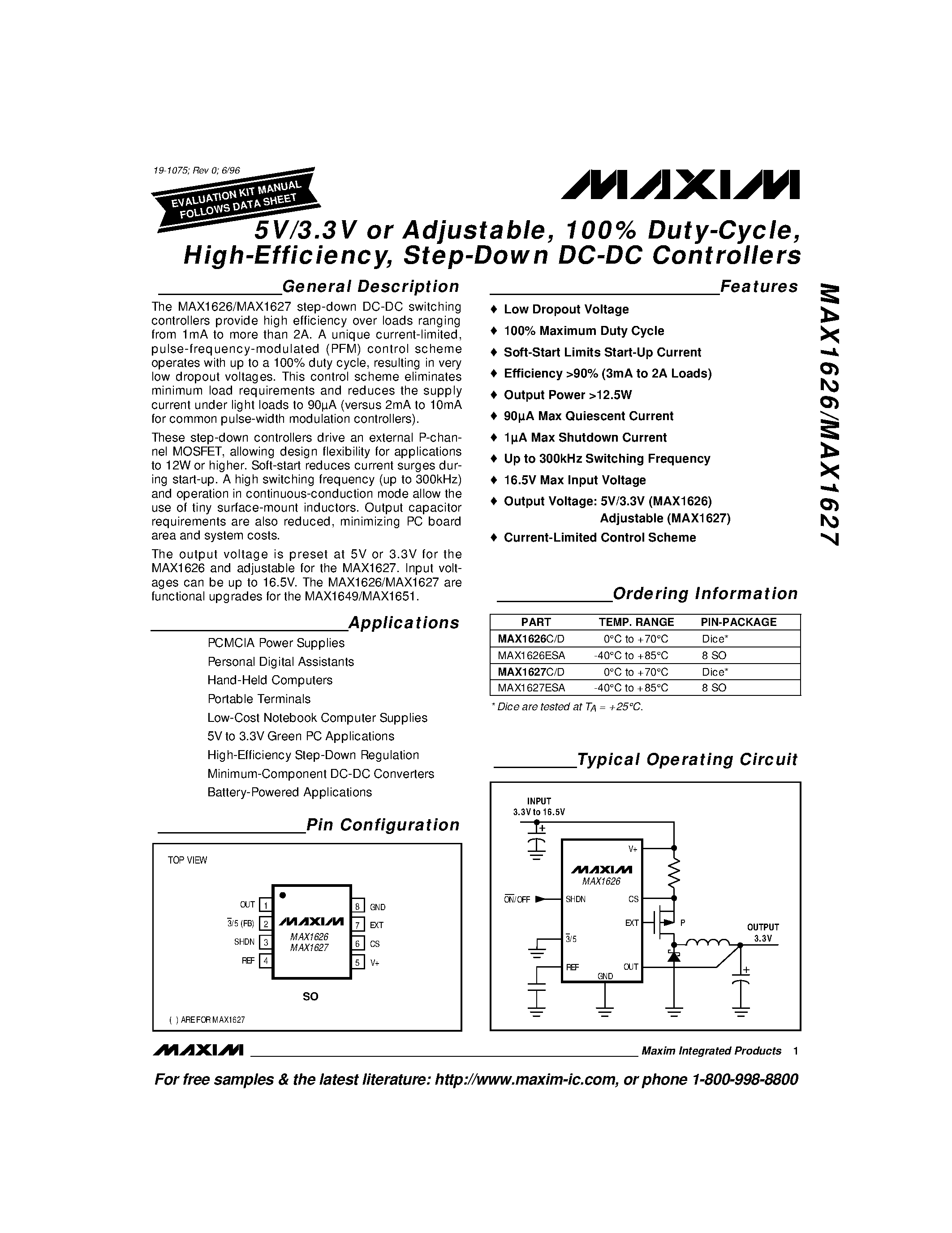 Datasheet MAX1627ESA - 5V/3.3V or Adjustable / 100% Duty-Cycle / High-Efficiency / Step-Down DC-DC Controllers page 1